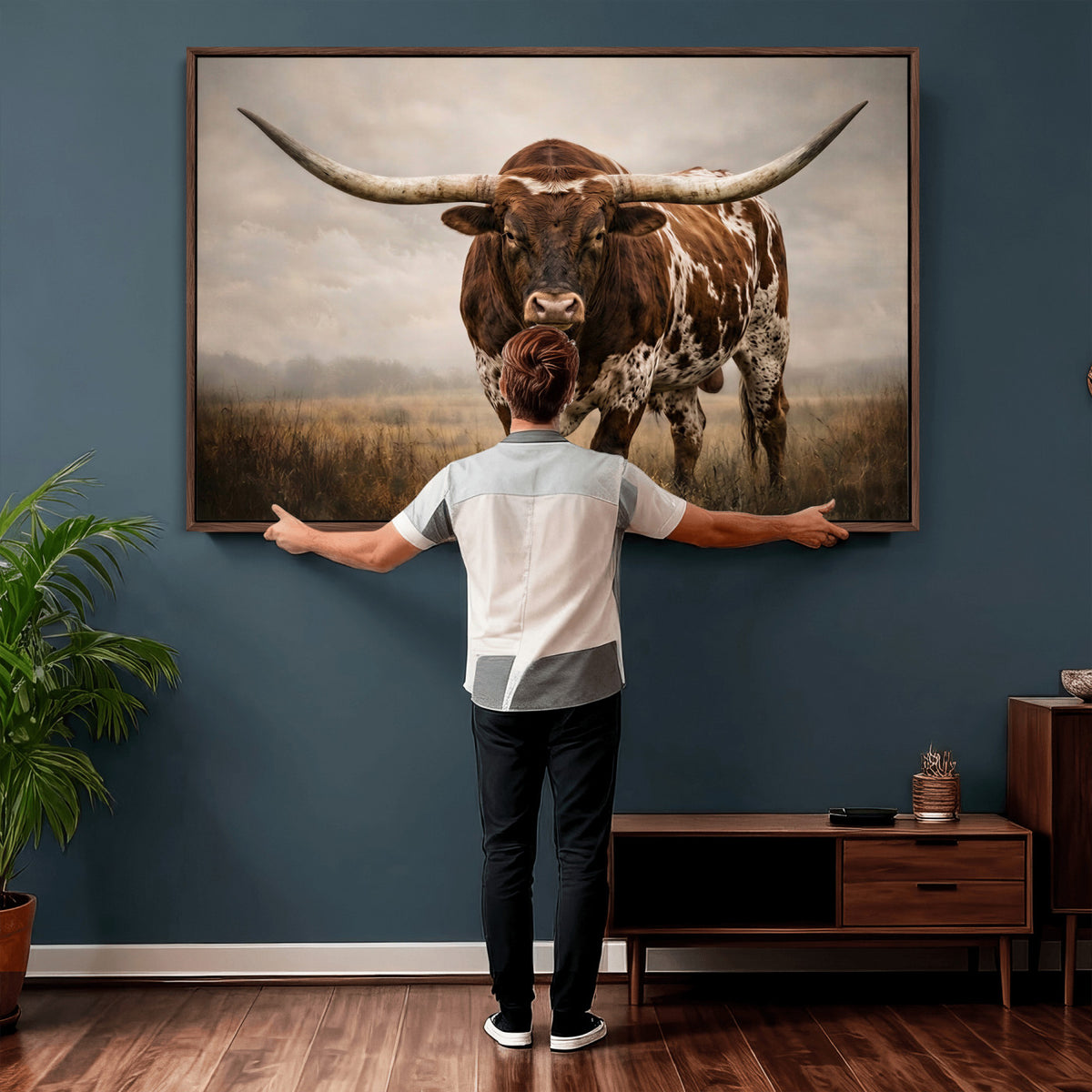 25239047A-MGV-CV-36X24 - Texas Longhorn Canvas Wall Art Western Bull Desert Moody Grey Overcast Rustic Farmhouse Framed Large for Living Room Bedroom Office Decor