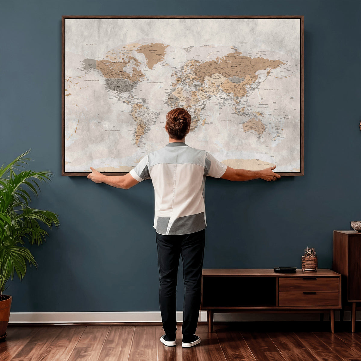 18074626DD-MGV-CV-36X24 - Extra Large Framed Personalize Push Pin World Map Wall Art Canvas Print for Travel Tracking NEWMAP - 009