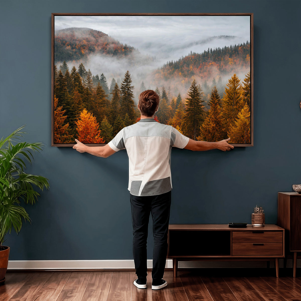 87481341-_Poster-30x20 - Foggy Autumn Mountain Canvas Print Smoky Pine Forest Wall Art Panoramic Nature Poster 3 Piece Made in USA
