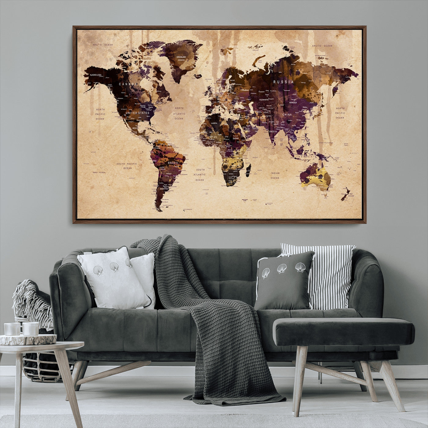 47333-MGV-CV-36X24-Vintage World Map Canvas Wall Art – Framed Push Pin Travel Map for Home and Office Decor