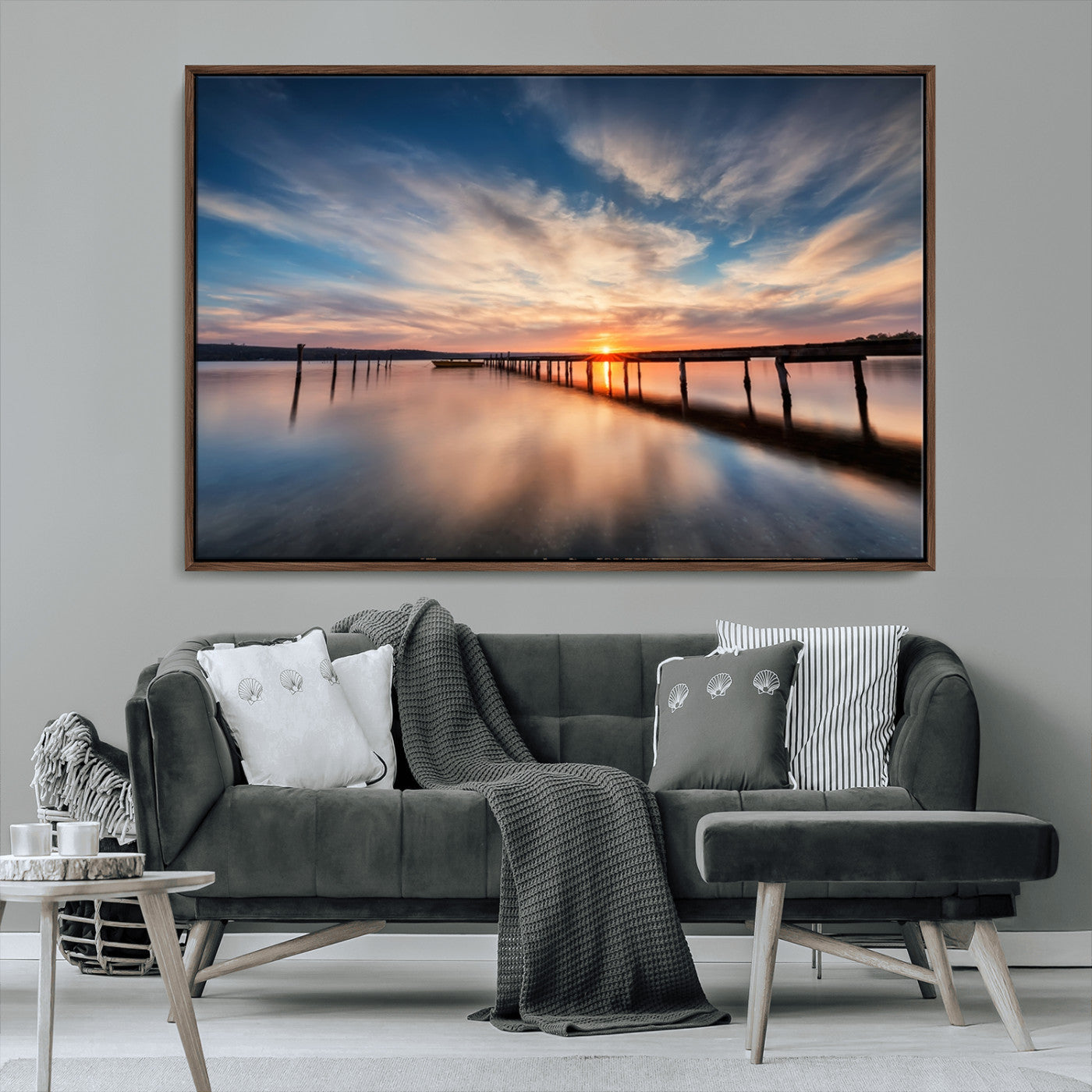 39967-MGV-CV-36X24-Wooden Pier on Seascape and Sunset Wall Art Canvas Print