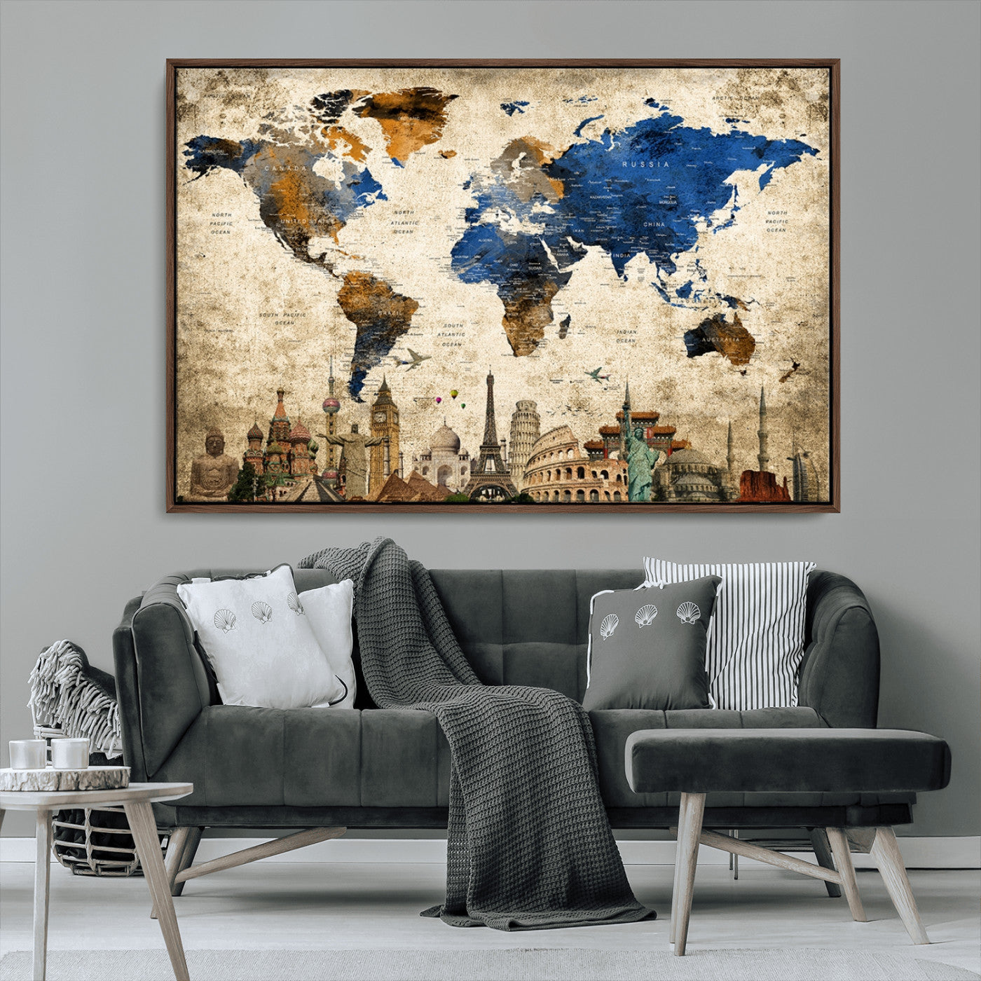 20261-MGV-CV-36X24-World Map Canvas Print – Vintage Blue and Gold World Map Wall Art, Framed Travel Inspired Decor for Living Room or Office