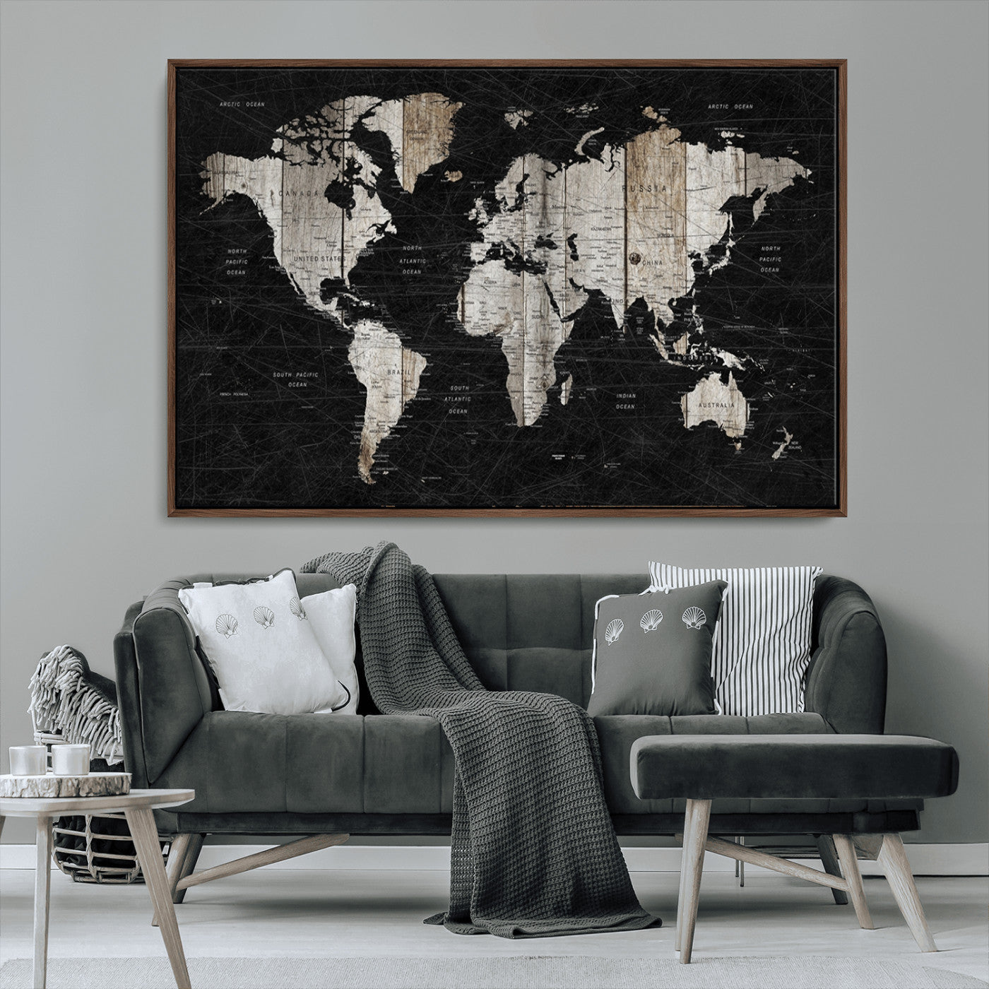 89998-MGV-CV-36X24-Rustic Black and Wood World Map Canvas Wall Art – Framed Push Pin Travel Map for Home and Office Decor, Modern Vintage Wall Artwork