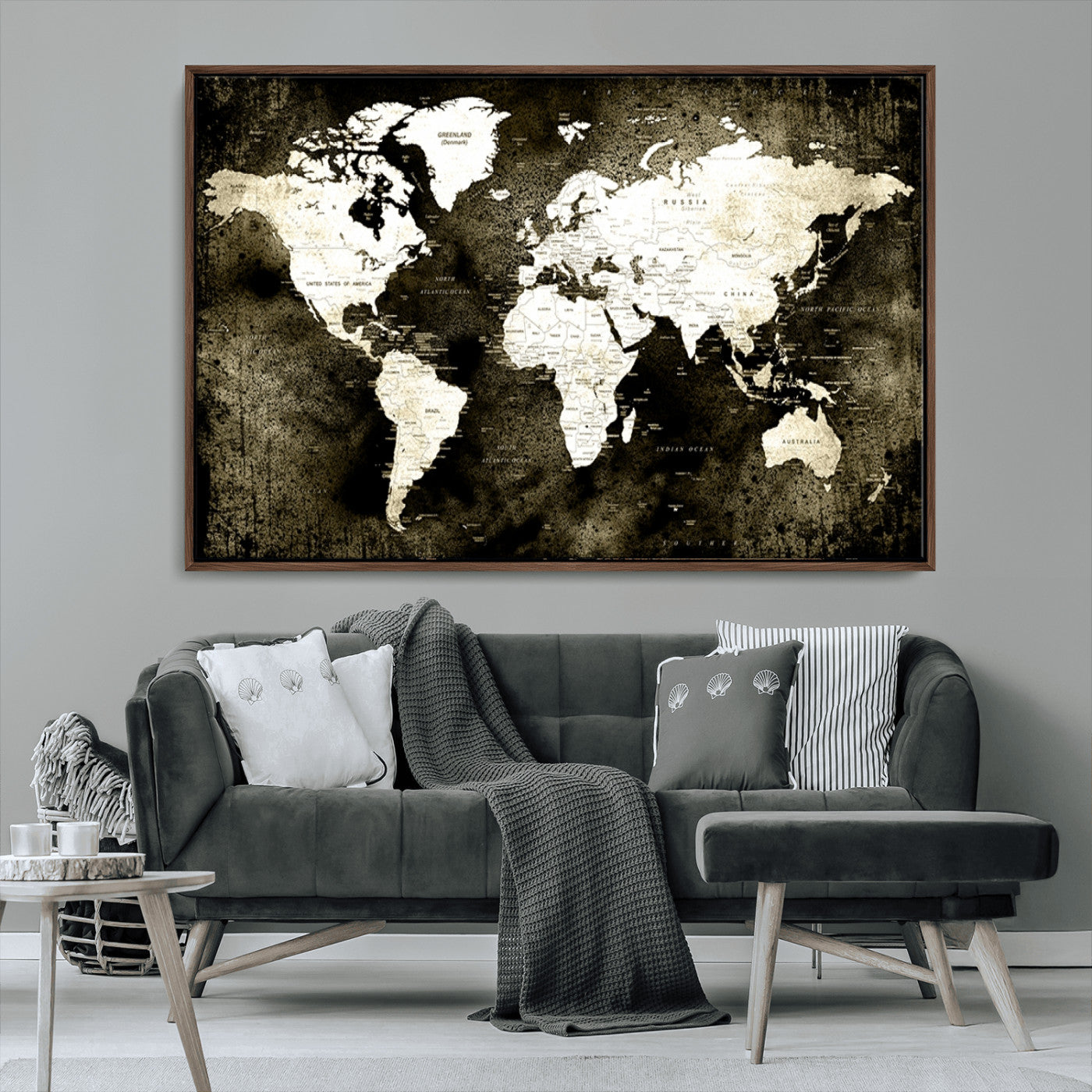 66737-MGV-CV-36X24-Vintage World Map Canvas Wall Art – Framed Push Pin Travel Map for Home and Office Decor, Rustic Wall Artwork for Travelers