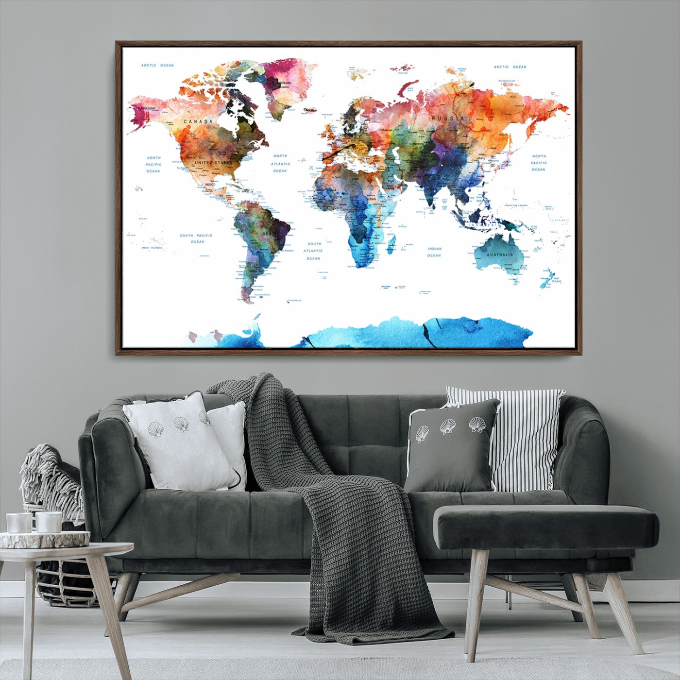 11576-MGV-CV-36X24-Vibrant Watercolor World Map Canvas Wall Art – Framed Push Pin Travel Map for Home and Office Decor, Modern Colorful Wall Artwork