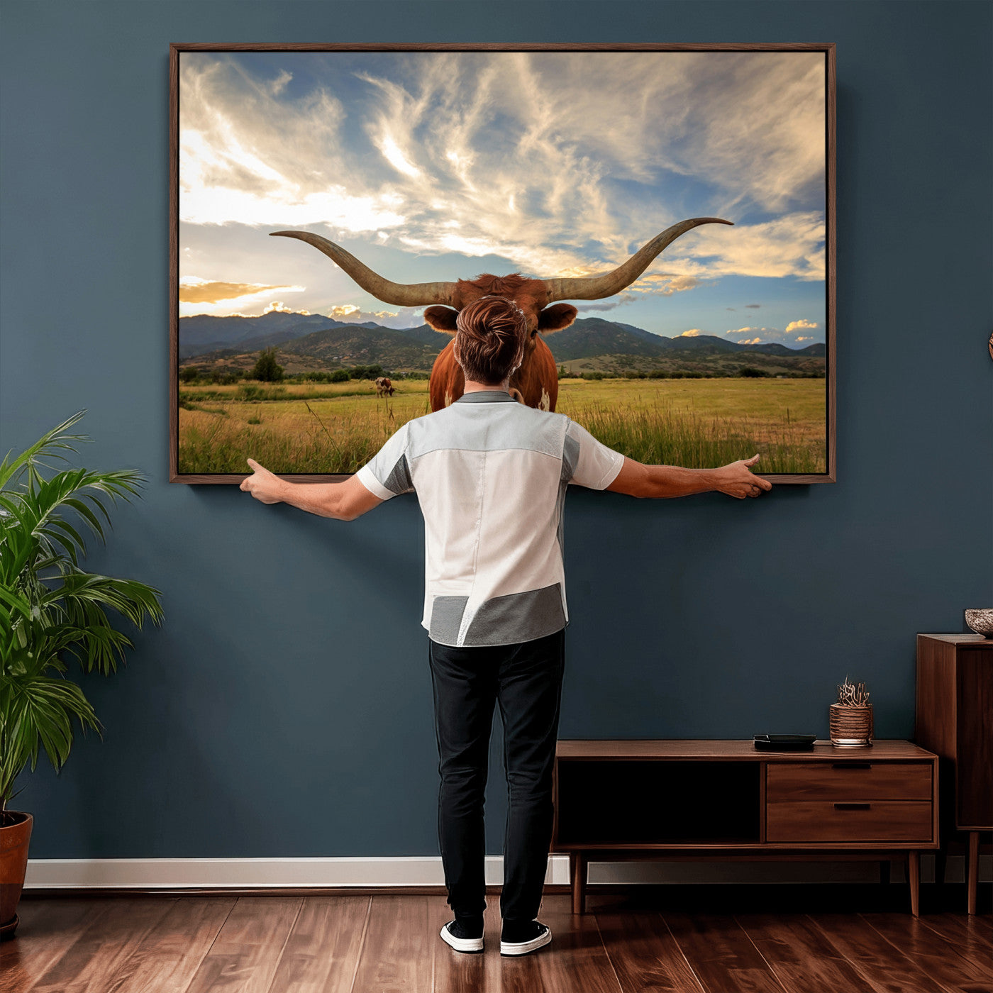 55416-MGV-CV-36X24 - Texas Longhorn Canvas Wall Art – Majestic Triptych Animal Print – Rustic Western Decor for Living Room