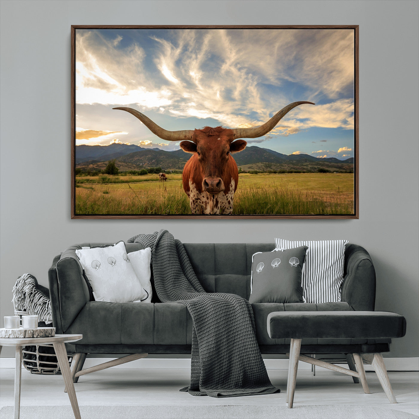 55416-MGV-CV-36X24-Texas Longhorn Canvas Wall Art – Majestic Triptych Animal Print – Rustic Western Decor for Living