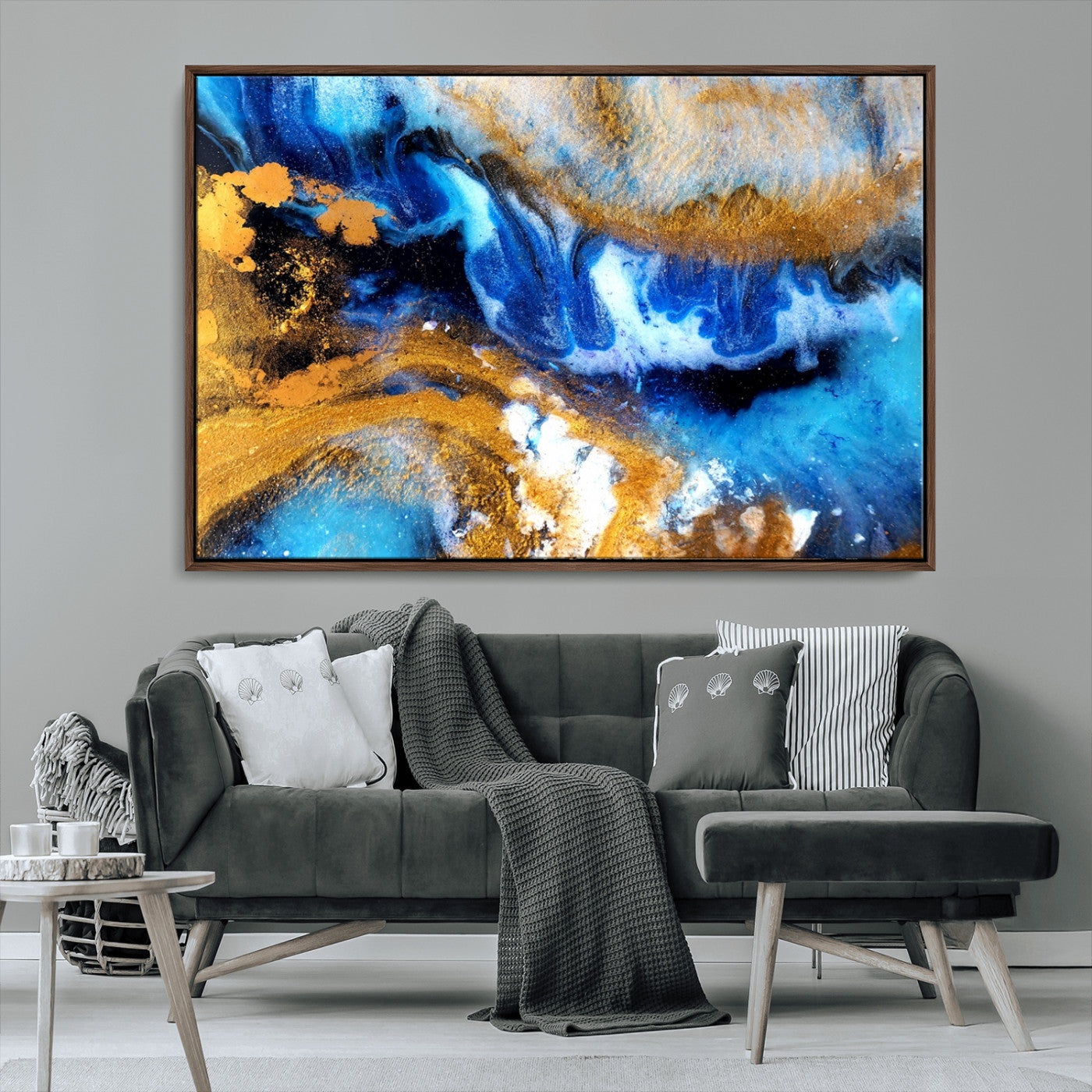 42100-MGV-CV-36X24-Blue Orange Marble Fluid Effect Canvas Wall Art Print