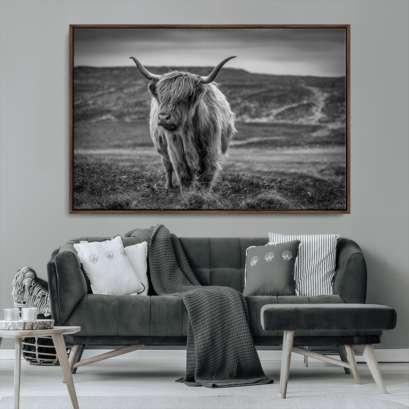 -Fluffy Cattle Wall Art Print, Highland Cow Canvas, Framed Black and white Wall Art