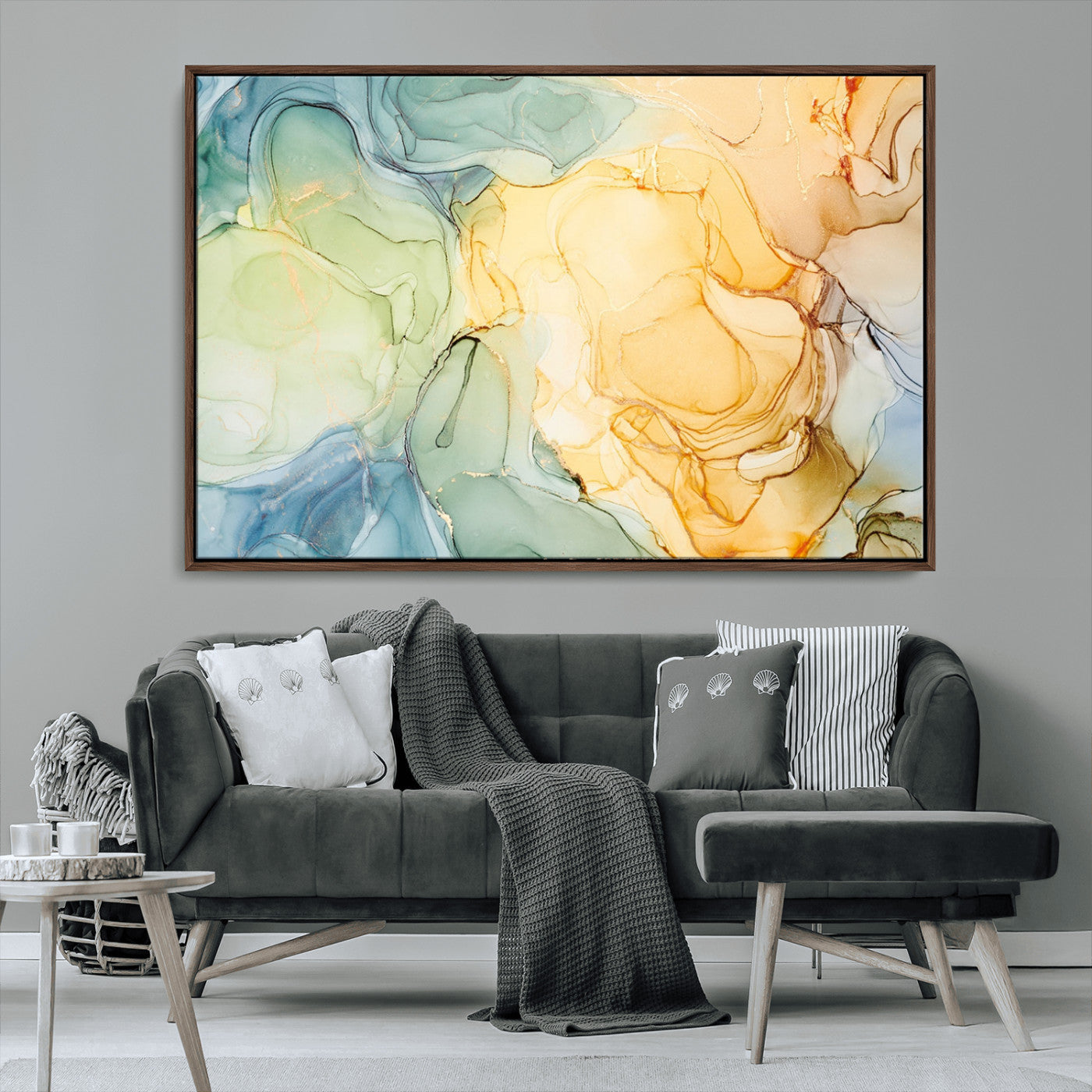 42195-MGV-CV-36X24-Green and Yellow Marble Fluid Effect Wall Art, Green and Yellow Marble Canvas Wall Art Print