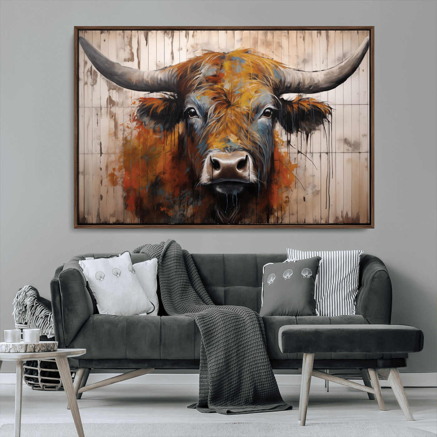 47284-MGV-CV-36X24-Abstract Bull Highland Cow Canvas Wall Art Print – Vibrant Rustic Charm in Modern Farmhouse Decor –