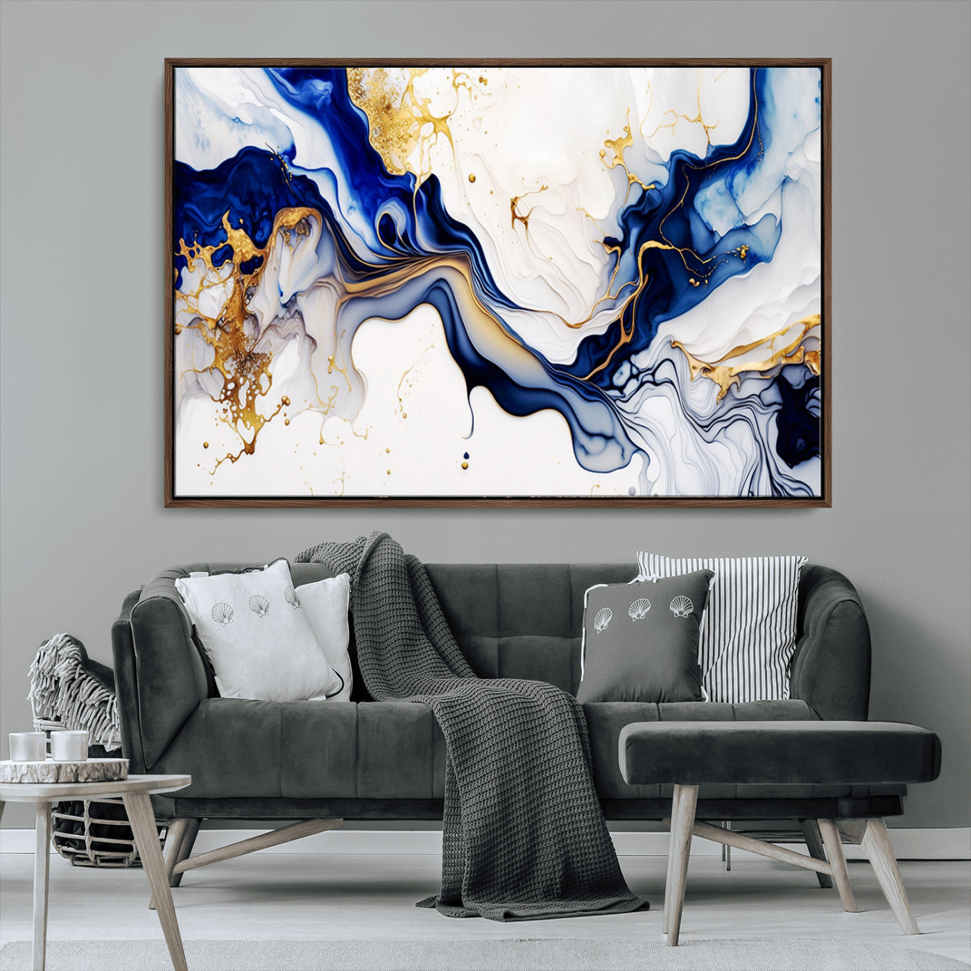 93392-MGV-CV-36X24-Golden Cascades on Midnight Blue – Deep Blue Abstract Wall Art Flowing Elegance | Wall Art Canvas,