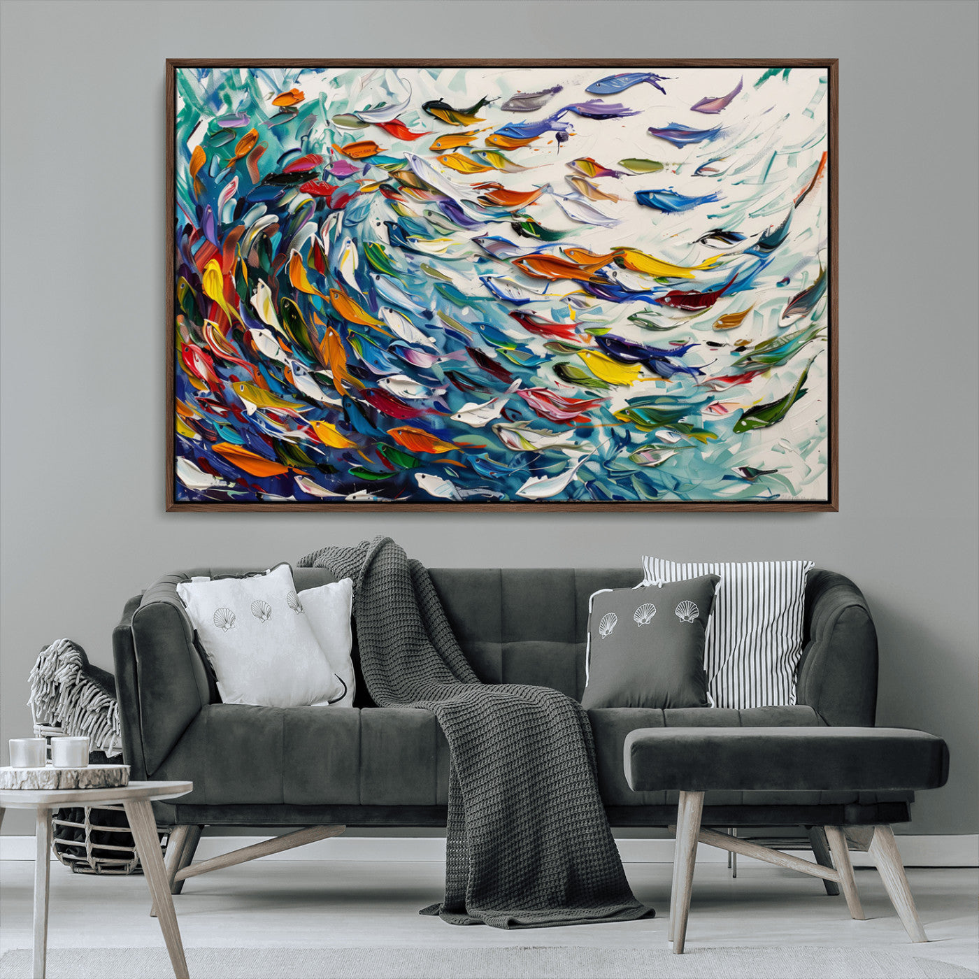-Modern Abstract Fish Shoal Wall Art Canvas Print, Colorful Fish Herd Painting on Canvas Print, Ocean