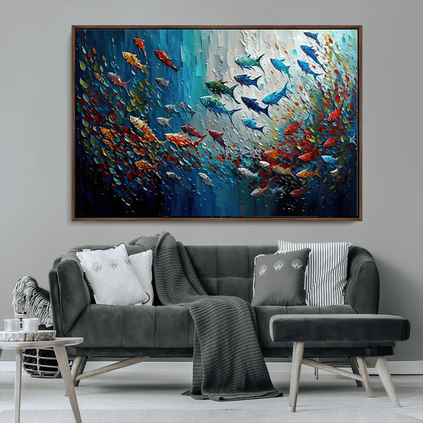 -Modern Abstract Fish Shoal Wall Art Canvas Print, Colorful Fish Herd Painting on Canvas Print, Ocean