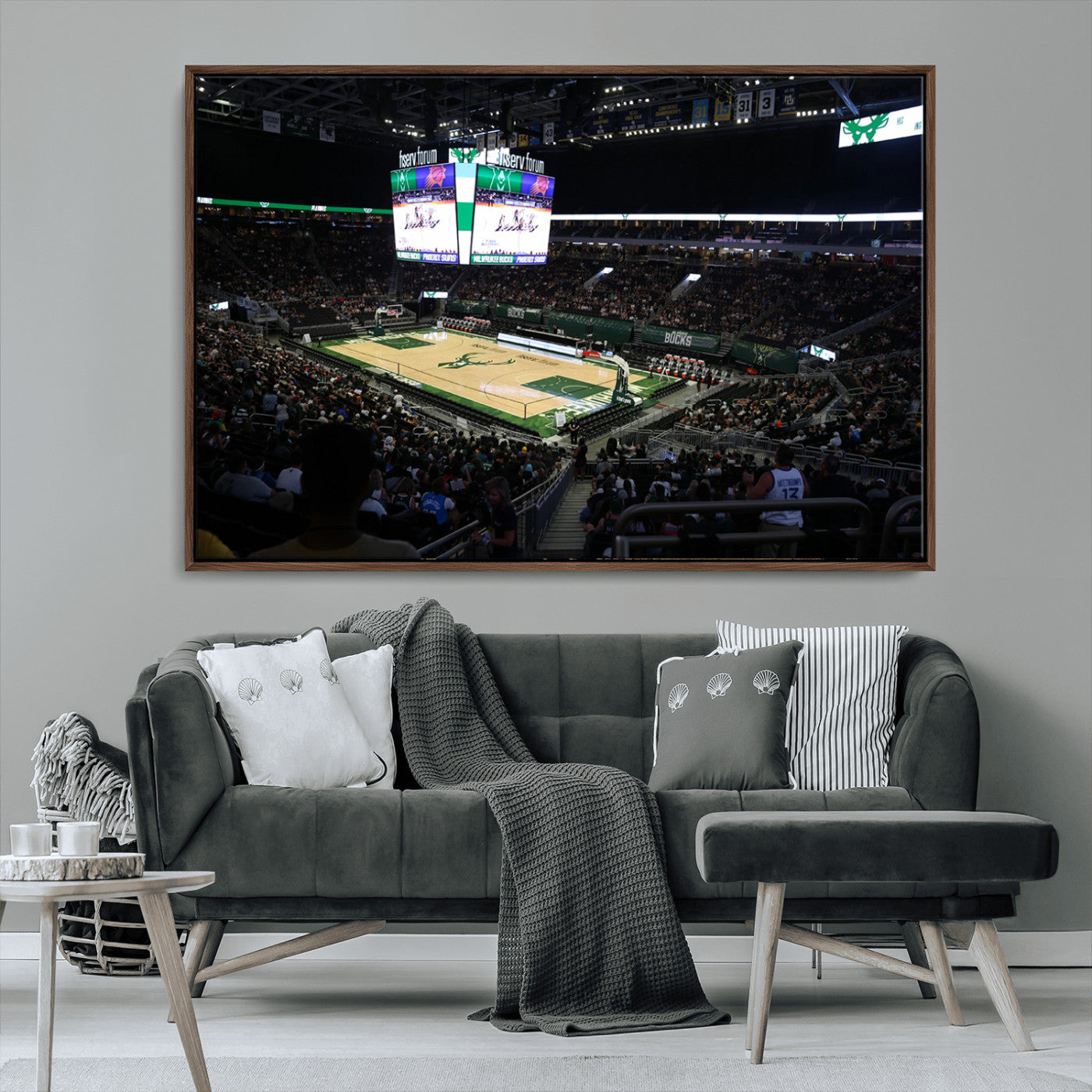 69882-MGV-FC-36X24_Walnut-Milwaukee Bucks Basketball Print - Fiserv Forum Stadium Wall Art Canvas Print