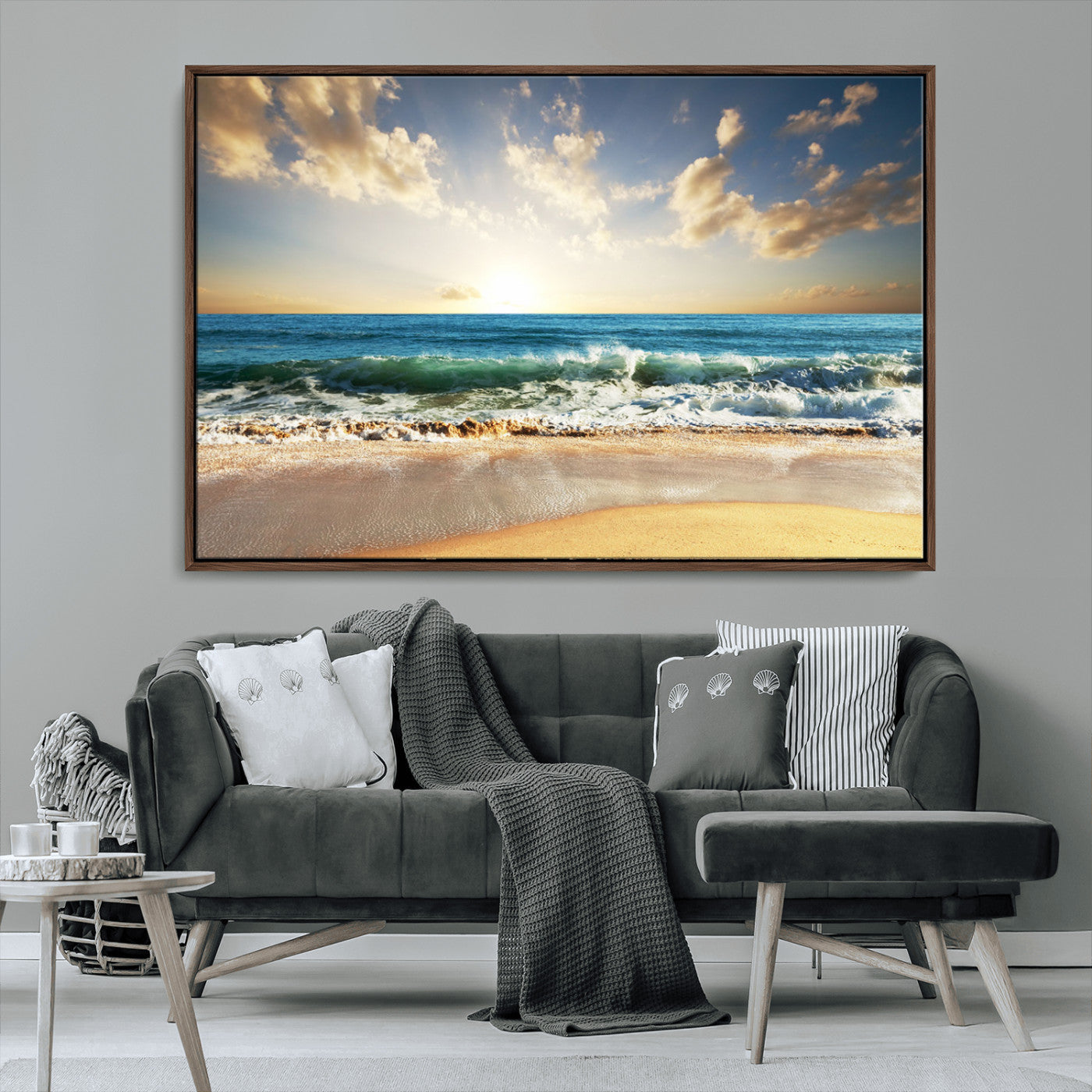 83376-MGV-CV-36X24-Golden Sunset Beach Triptych Canvas Wall Art for Living Room – 3-Panel Ocean View, Framed & Ready to