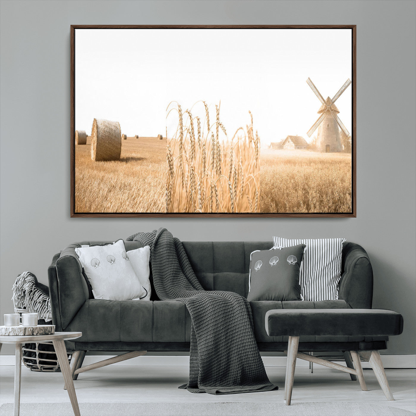 88780-MGV-FC-36X24_Walnut-Vintage Farmhouse Triptych Wall Art – Giclée Canvas Featuring Wheat Fields, Hay Bales, and a