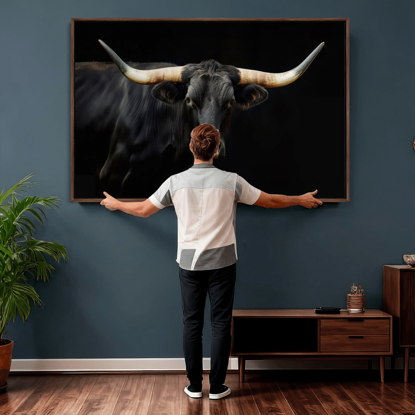 63798-MGV-CV-36X24 - Texas Longhorn Cow | Majestic Black Bull Wall Art Canvas Print - Farmhouse Animal Decor - Ready to