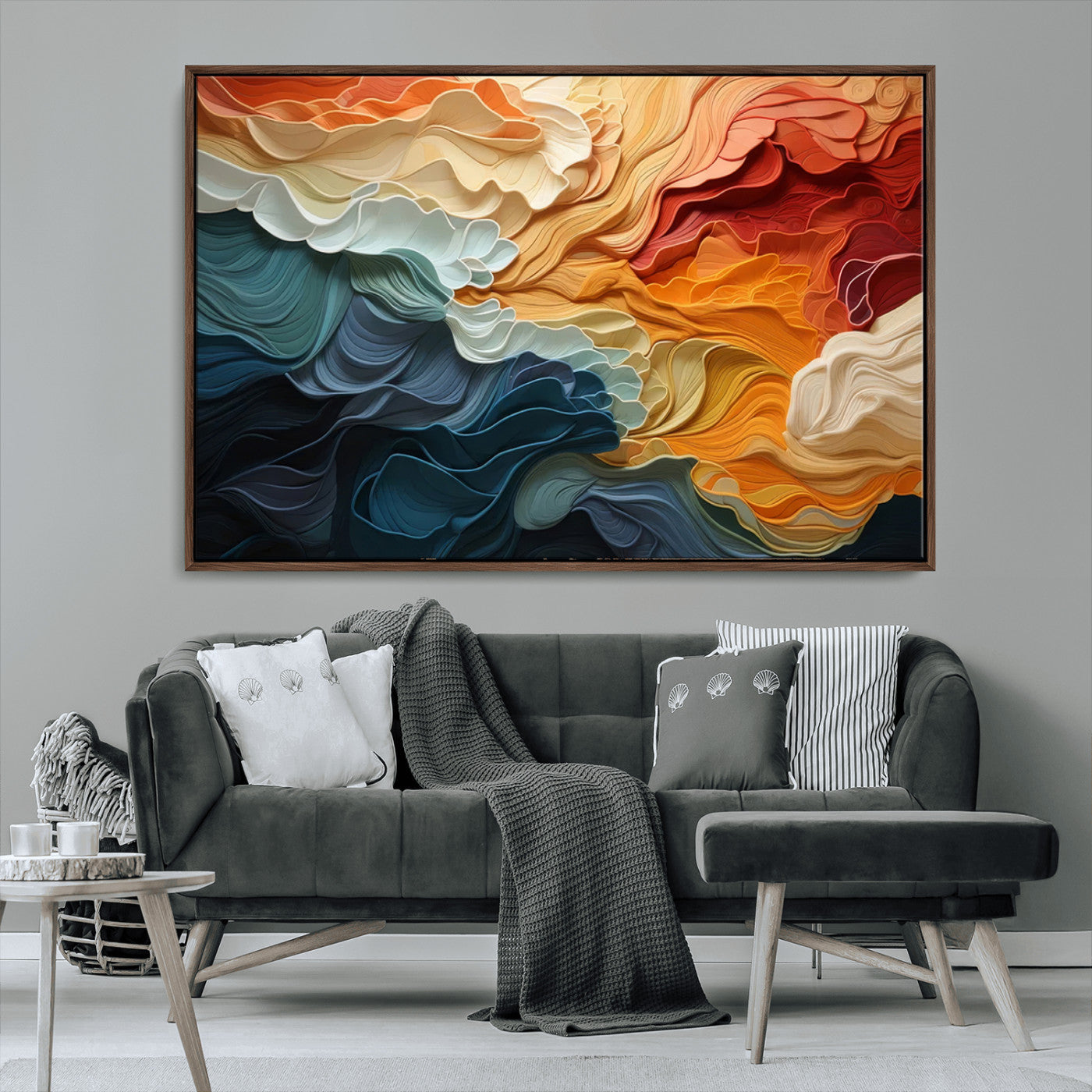 31634-MGV-FC-36X24_Walnut-Blue Orange Abstract Wave Wall Art Canvas Print, Framed Blue Orange Wave Wall Art