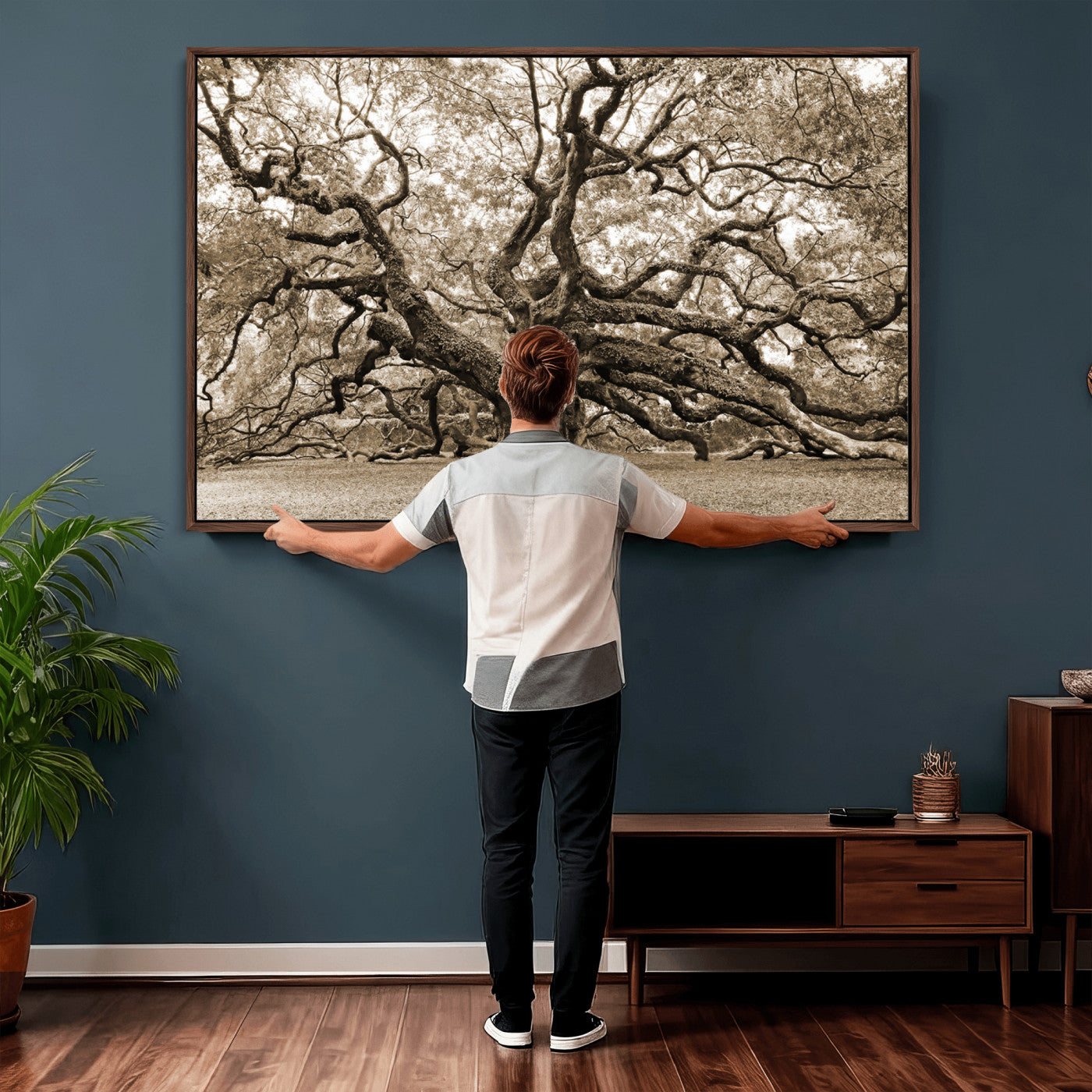 51126-MGV-CV-36X24 - Sepia Framed Angel Oak Tree Wall Art - 3-Panel Canvas Prints, Large Green Nature Artwork, Ready to