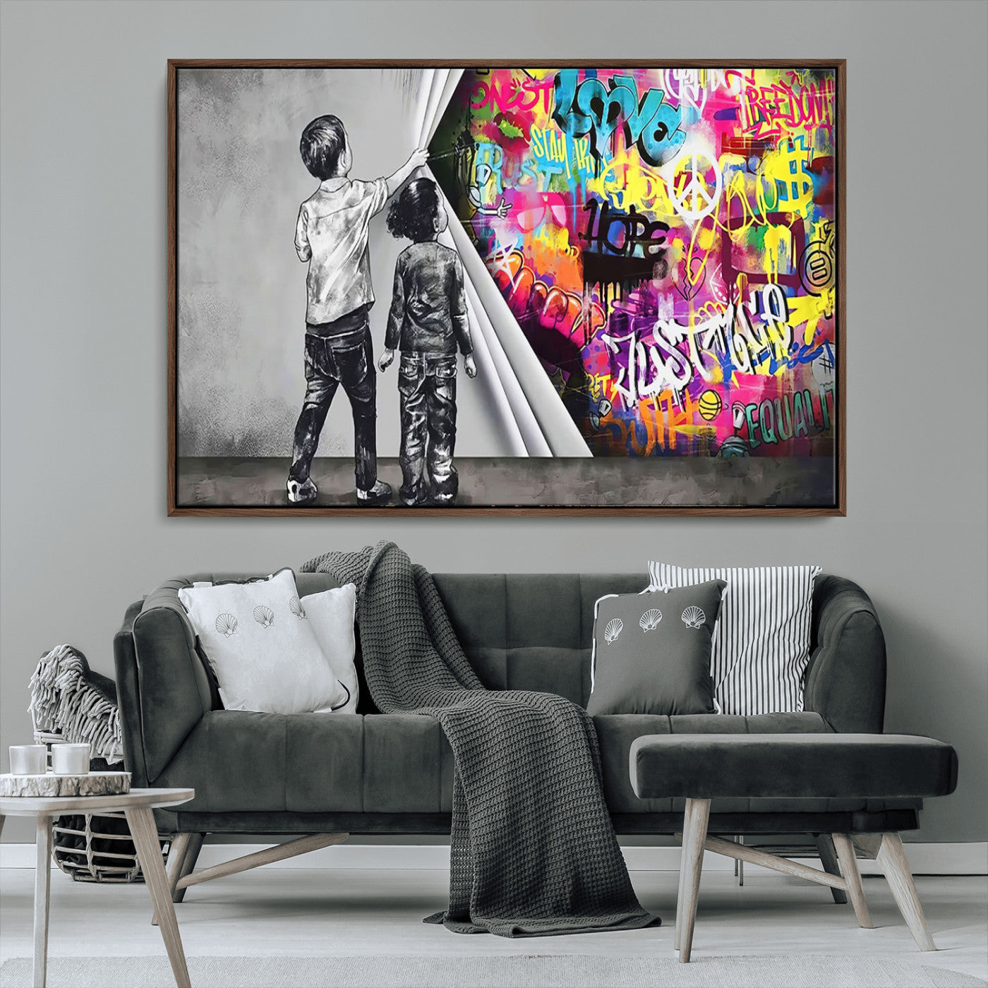 92809-MGV-CV-36X24-Banksy Print - Street Art Canvas Wall Art - Kids Revealing Graffiti, Urban Modern Decor for Living
