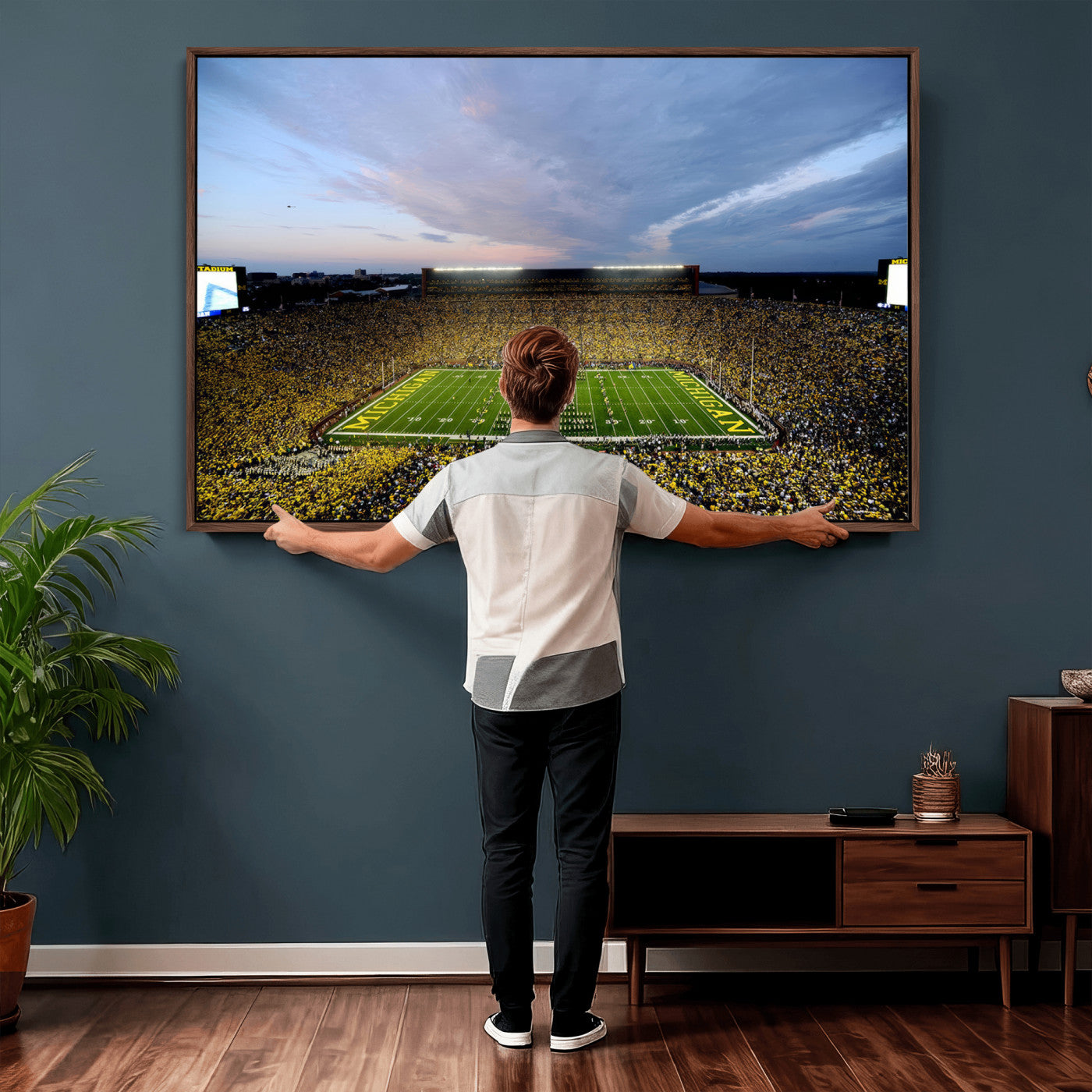 82641-MGV-CV-36X24 - Michigan Stadium Wall Art Canvas Print, Vibrant Game Day Crowd and Sunset Sky Football Field Artwork for Home, Office