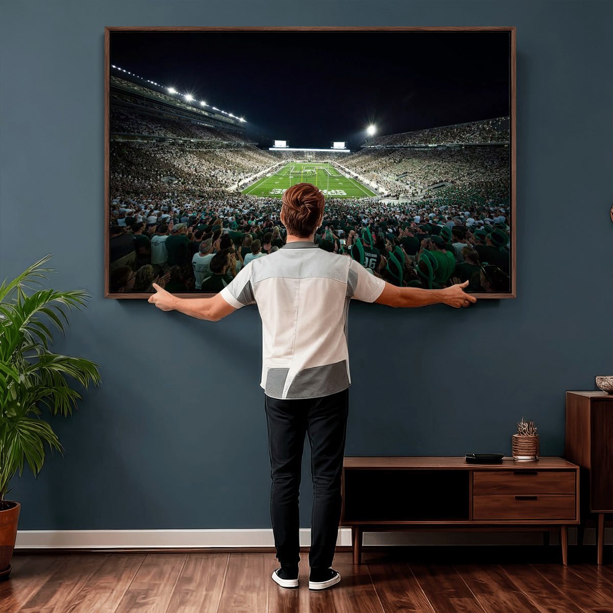 57523-PAN-FL-20X10 - Framed Michigan State Spartans Football Team Print - East Lansing Spartan Stadium Wall Art Canvas