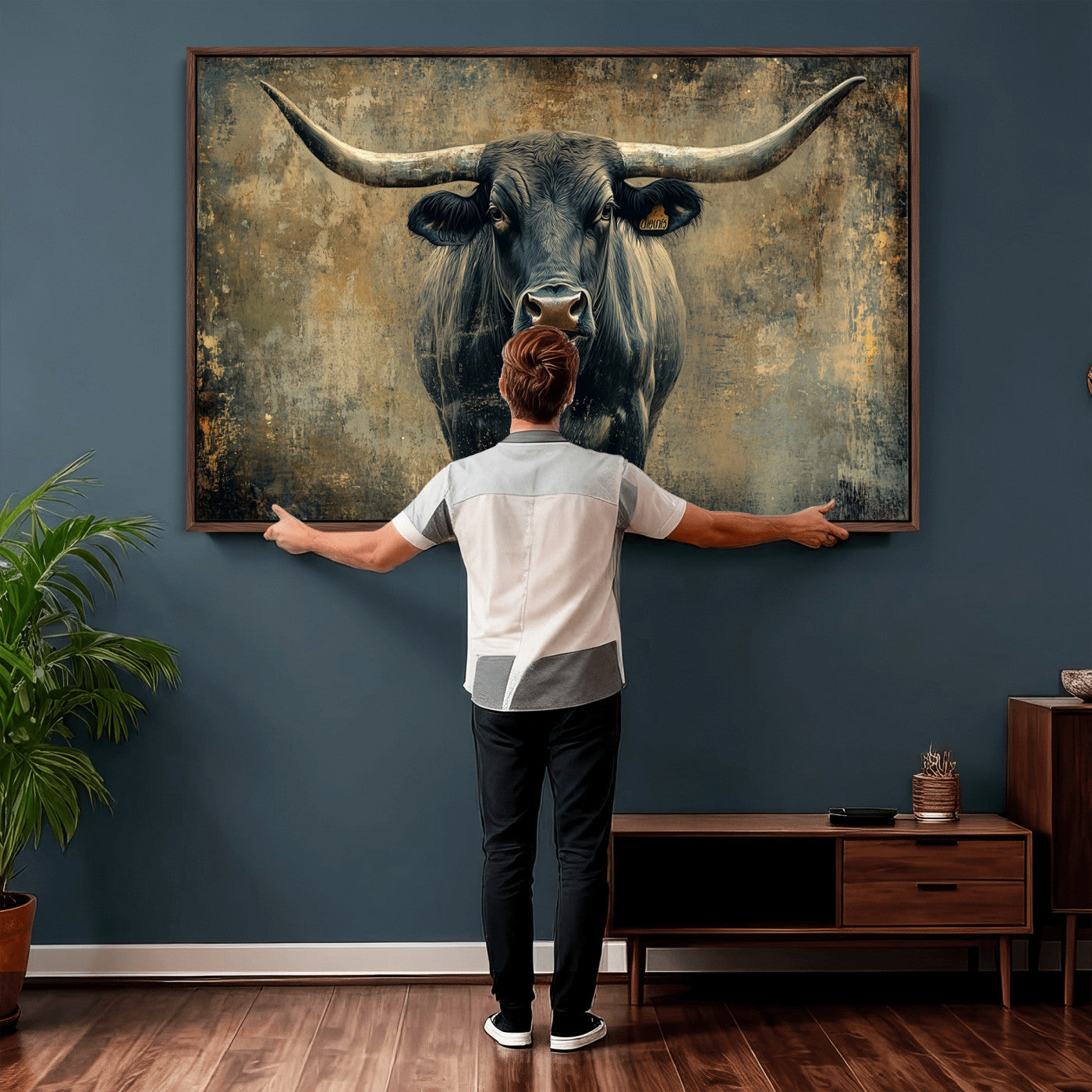 57385-MGV-CV-36X24 - Longhorn Bull Wall Art Canvas Print, Framed Rustic Cow Art Picture Print, Texas Longhorn Perfect Western Decor Artwork