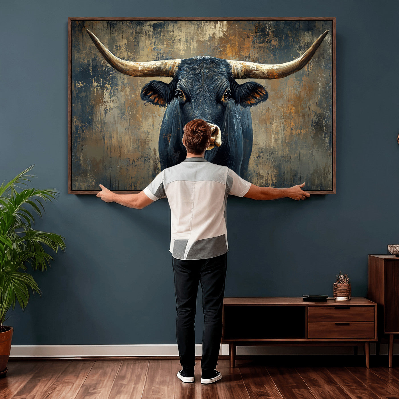 42026-MGV-CV-36X24 - Texas Western Wall Art Canvas Print - Abstract Cow Longhorn Bull Wall Art Canvas Print - Rustic Cow