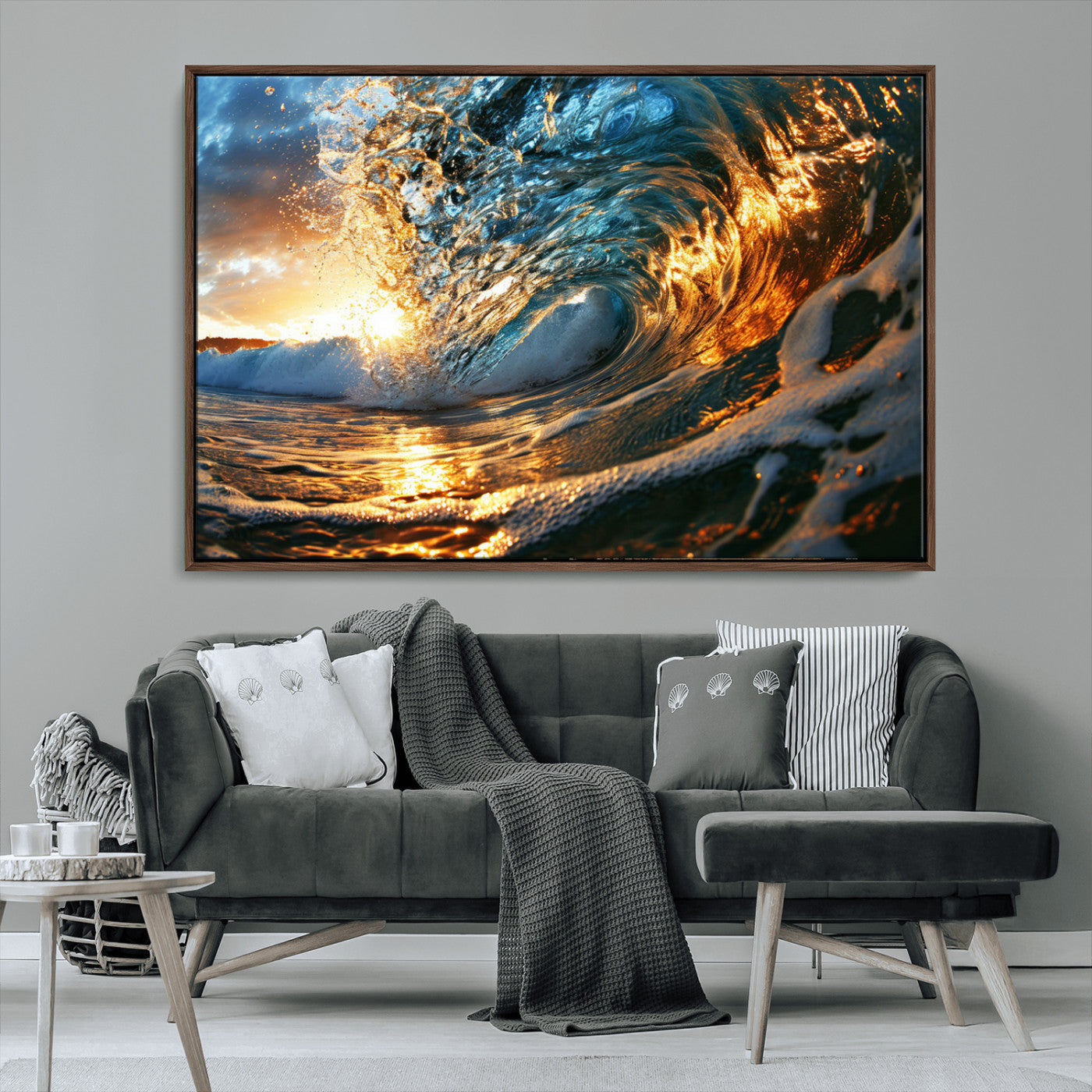 41370-MGV-CV-36X24-Ocean Wave at Sunset Canvas Wall Art – Vibrant Coastal Beach Waves Print, Large Nautical Decor,