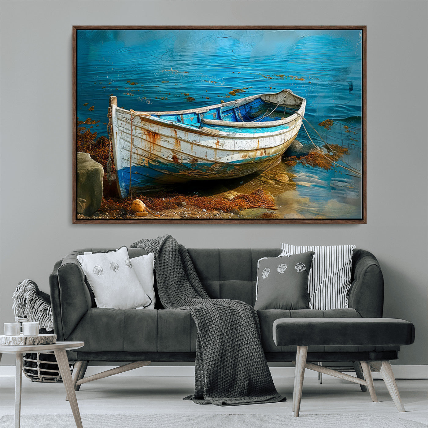 54716-MGV-CV-36X24-Vintage Boat on Tranquil Waters | Coastal Wall Art for Nautical Decor | Rustic Triptych Canvas Print