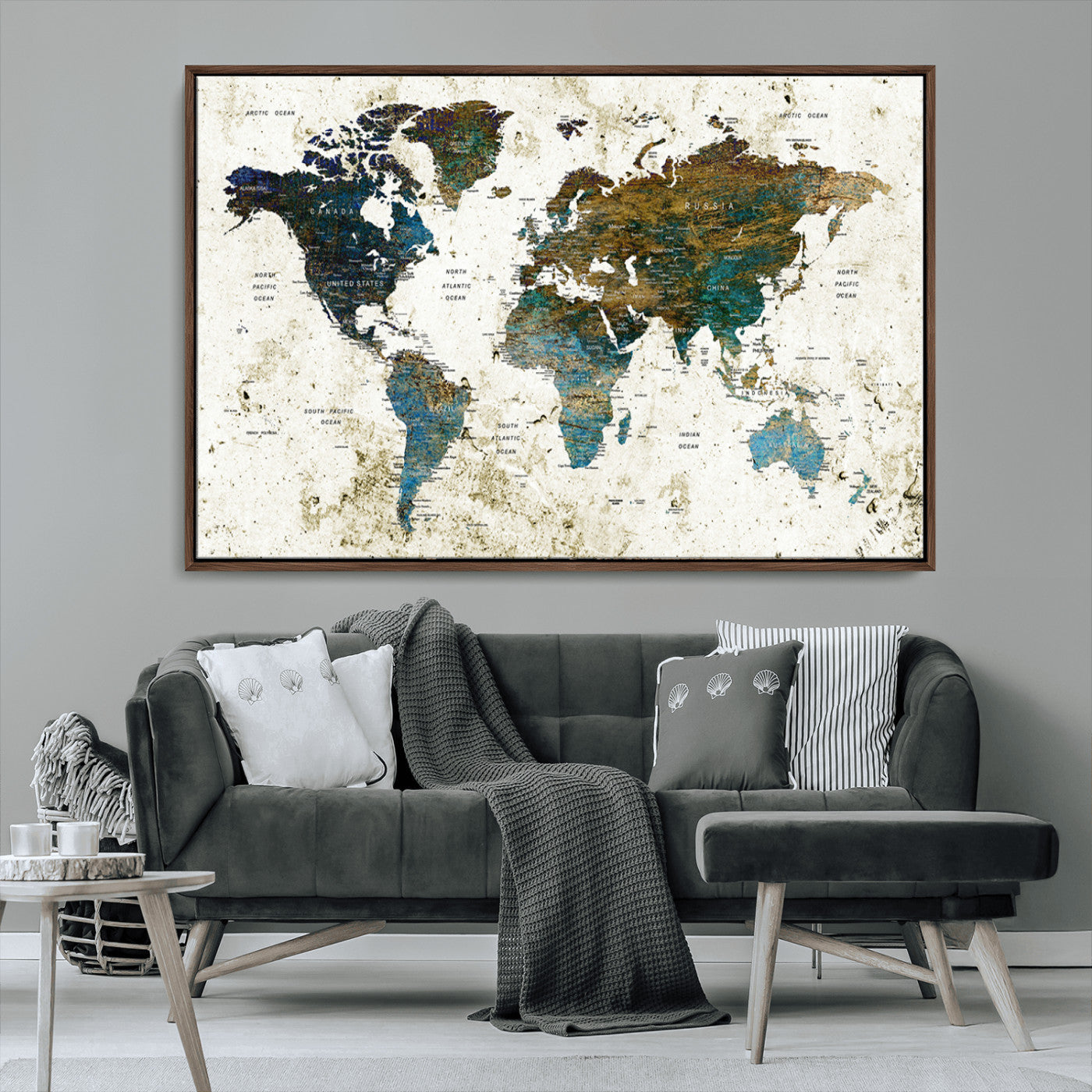 89176-MGV-CV-36X24-Vintage Blue and Brown World Map Canvas Wall Art – Framed Rustic Map Print, Earth Tone Travel Decor for Stylish Home and Office Walls