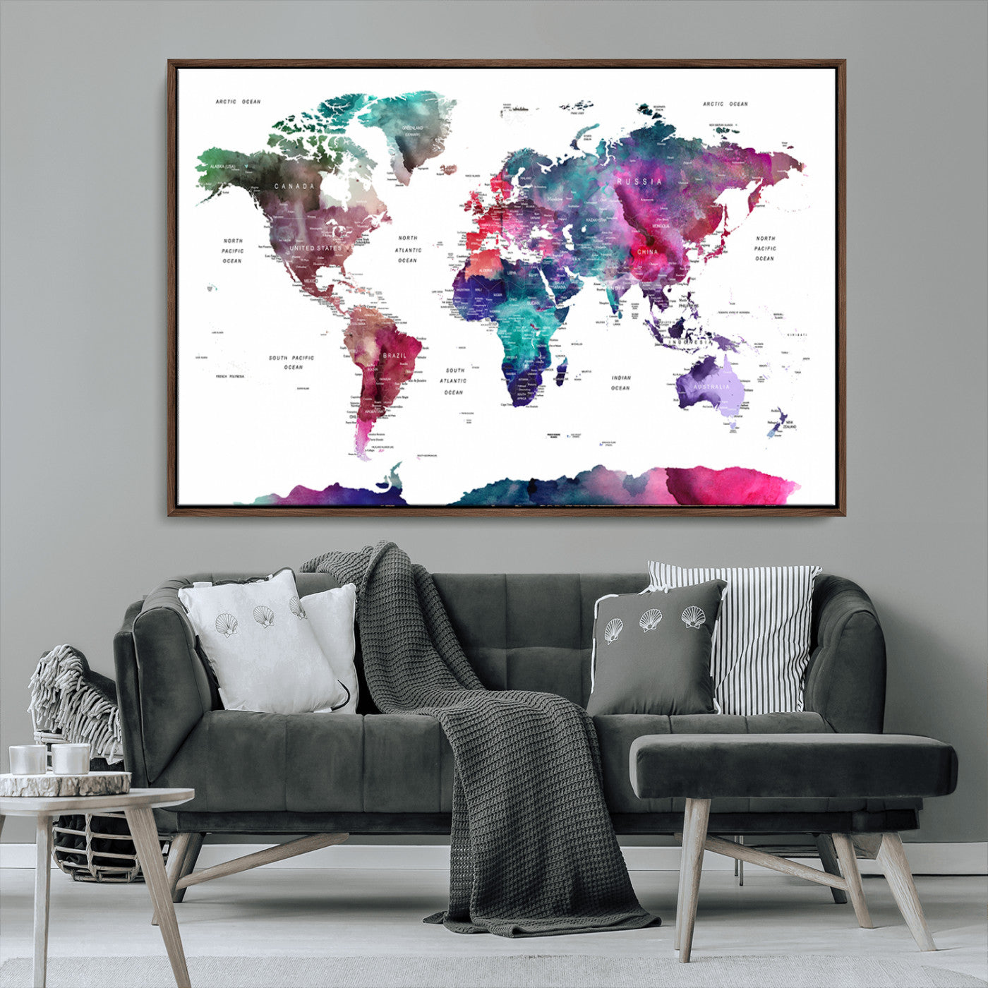 78176-MGV-CV-36X24-Colorful Watercolor World Map Canvas Wall Art – Framed Modern Map Print, Vibrant Travel Inspired Artwork for Home and Office Decor