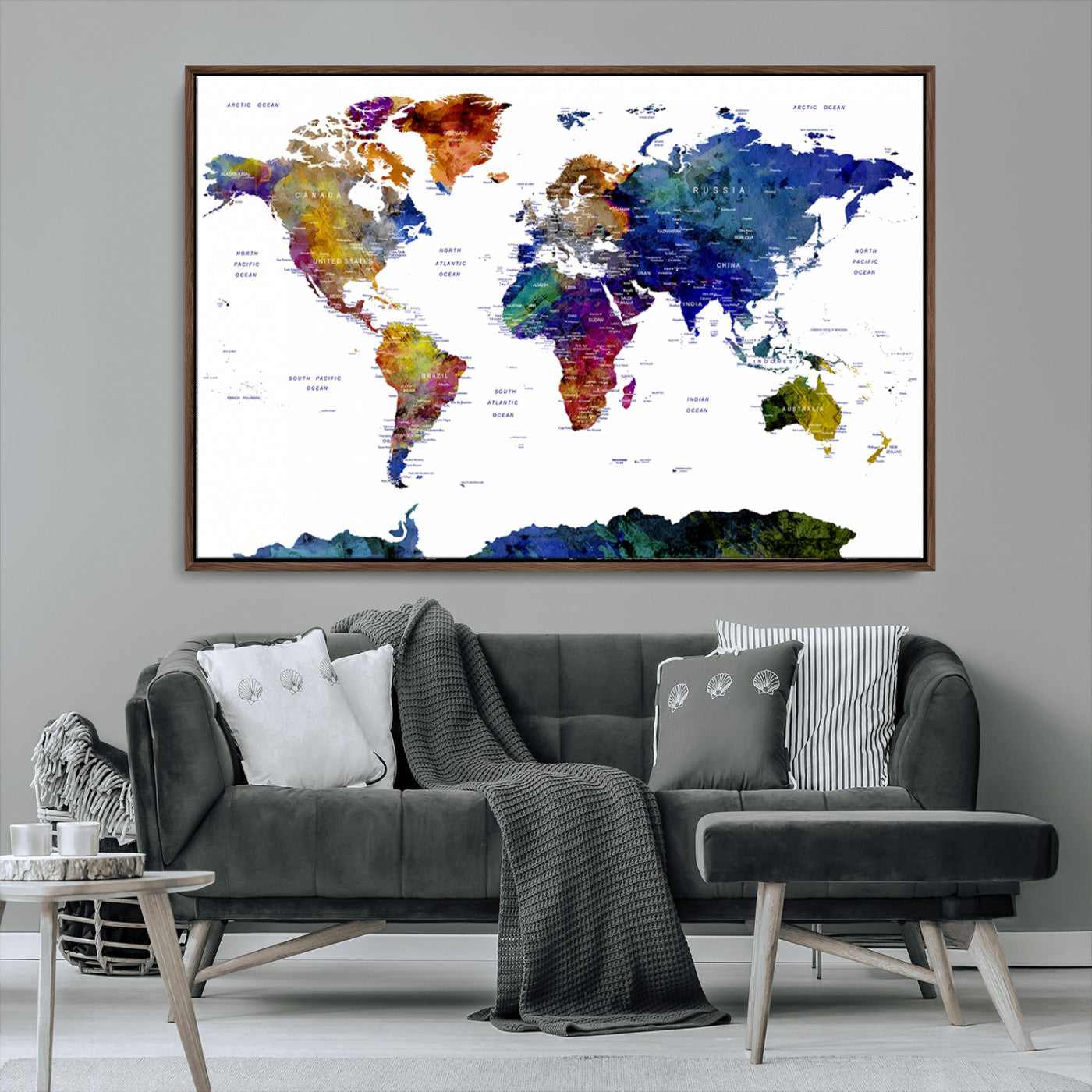 90446-MGV-FC-36X24_Walnut-Colorful Watercolor World Map Canvas Wall Art – Framed Modern Push Pin Travel Map for Home and Office Decor