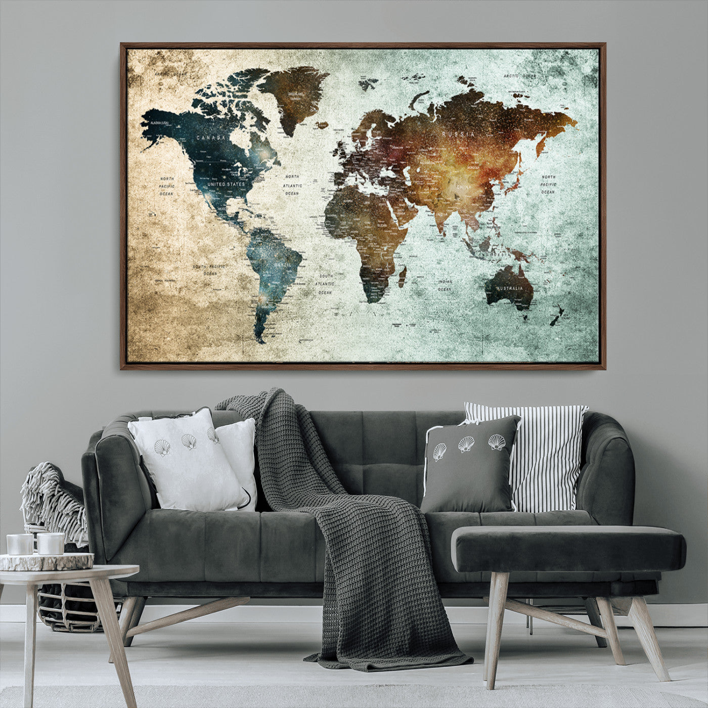 25140-MGV-CV-36X24-World Map Canvas Print – Framed Vintage Style Push Pin Wall Art, Elegant Travel Map Decor for Home or Office