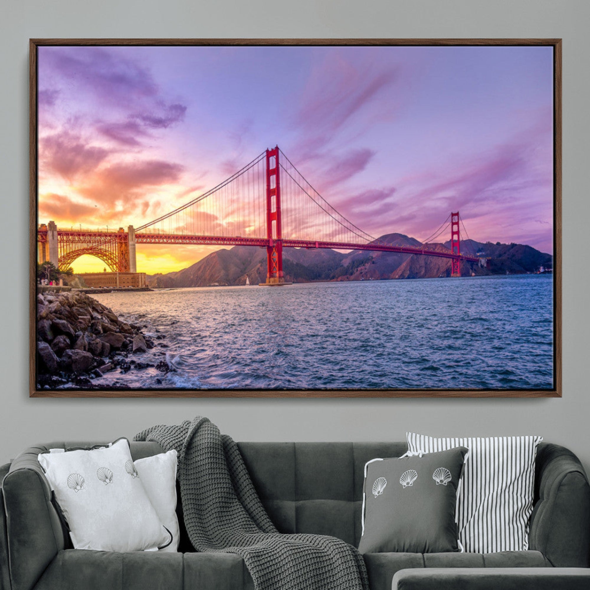 -Golden Gate Bridge Wall Art Canvas Print – Framed San Francisco Sunset Scene with Cityscape Artwork for Home, Office