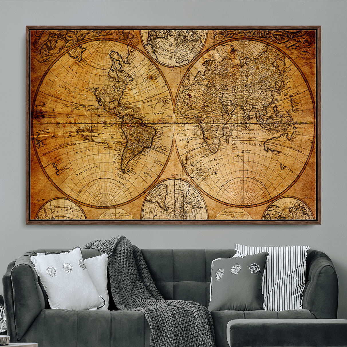 25517-MGV-FC-36X24 - Vintage World Map Canvas Print – Antique Push Pin Travel Map, Framed Wall Art for Home or Office Decor
