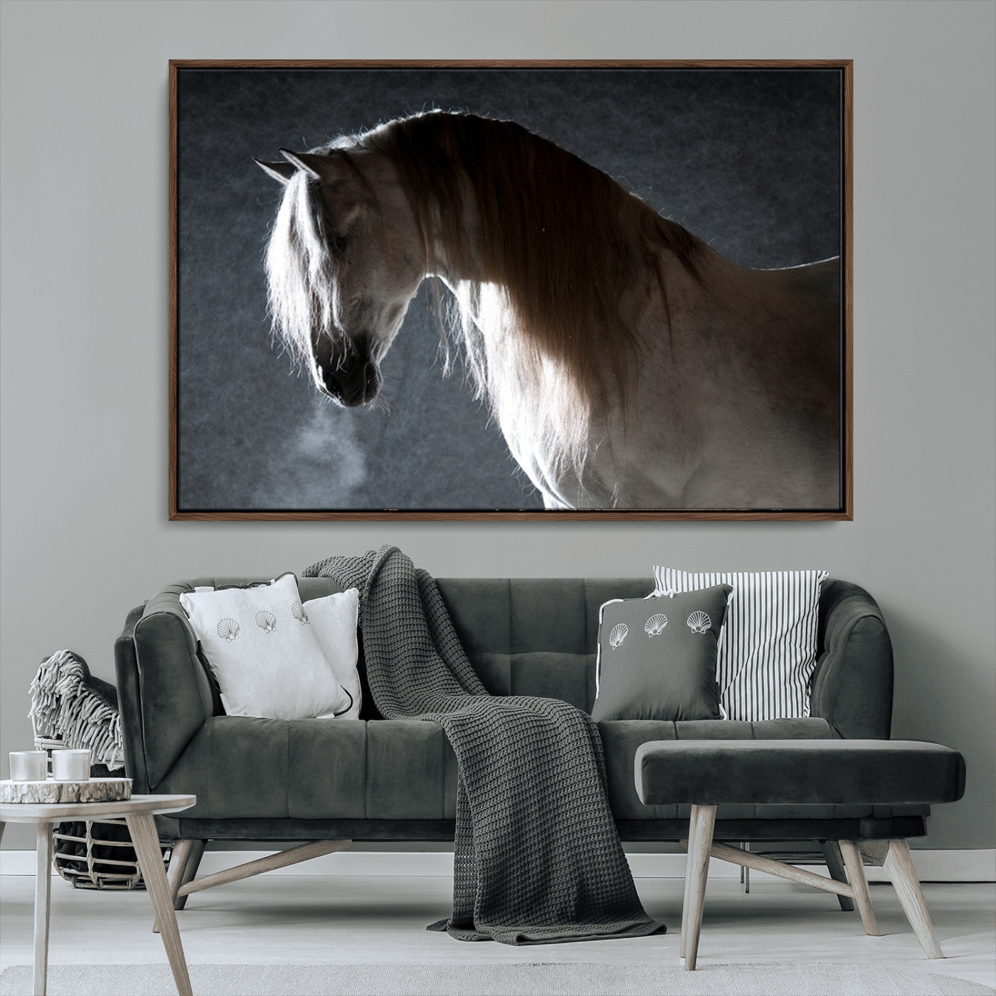 -Large Wall Art Cream Colored Horse on Grey Background Canvas Print