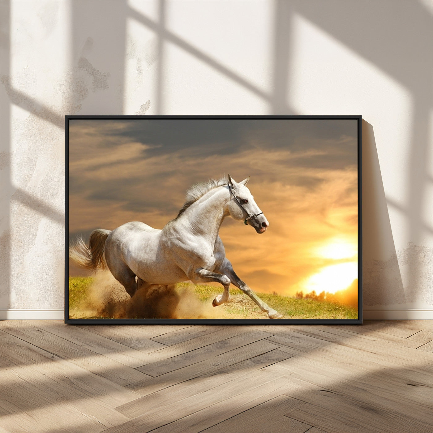 -Large Wall Art Galloping White Horse at Sunset Canvas Print