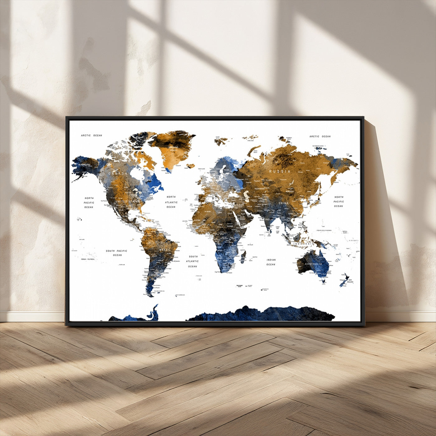 56231-MGV-FC-36X24_Black-Navy and Gold World Map Canvas Wall Art – Framed Modern World Map Print, Elegant Travel Inspired Artwork for Home and Office Decor