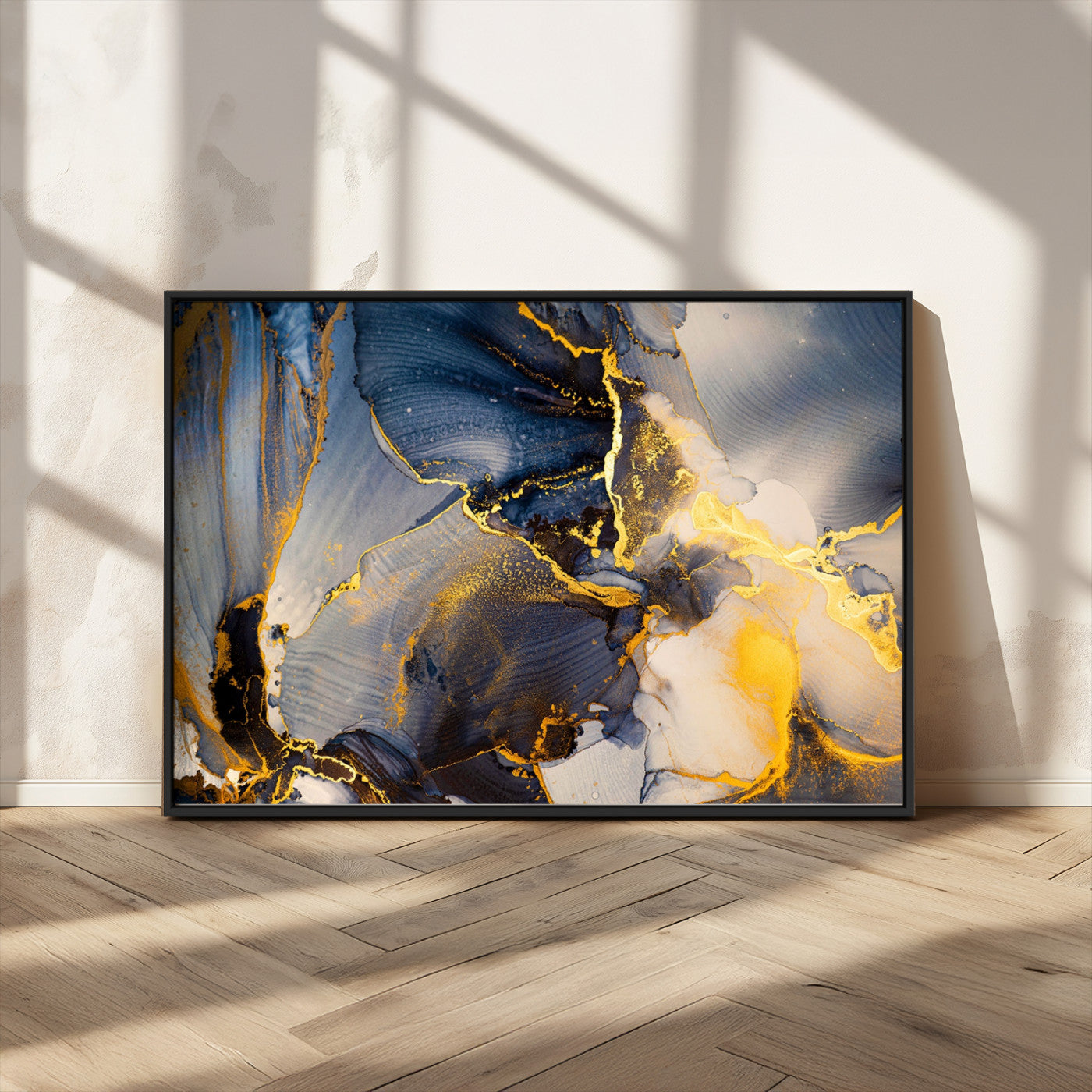 42100-MGV-CV-36X24-Large Abstract Wall Art Print - Gold and Blue Abstract Canvas Wall Art | Fluid Ink Modern Luxury