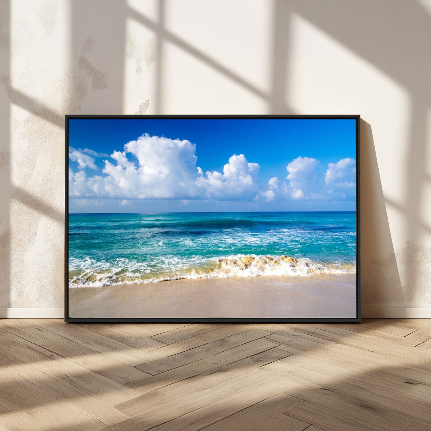 60364-MGV-CV-36X24-Tropical Beach 3-Panel Canvas Wall Art – Serene Ocean Waves and Blue Sky Wall Art Print