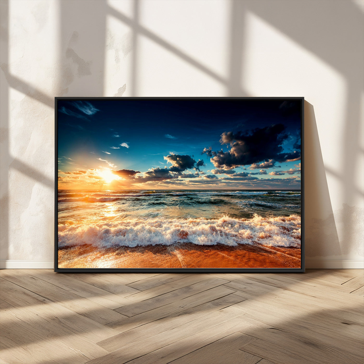 26996-MGV-FC-36X24_Black-Golden Hour Sunset Over Ocean Waves Wall Art Canvas Print | 3 Panel Coastal Landscape Canvas Wall