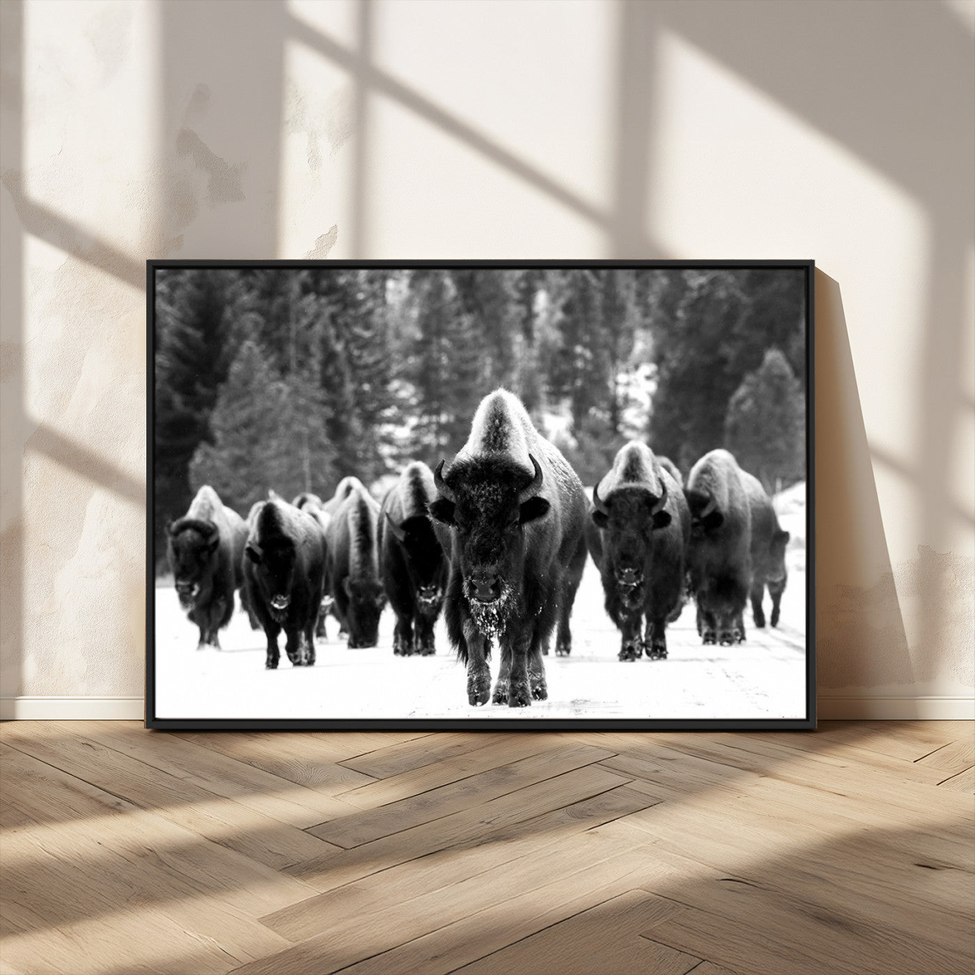 62434-MGV-CV-36X24-Bison Herd in Snow Wall Art Canvas Print | Rustic Western Bison Wall Art for Decor for Living Room,