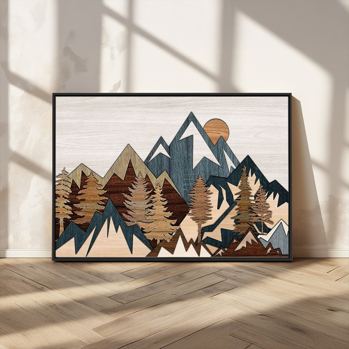 67950-MGV-CV-36X24-Rustic Abstract Wood Panel Effect Canvas Mountain Range Top Wood Wall Art Canvas Print