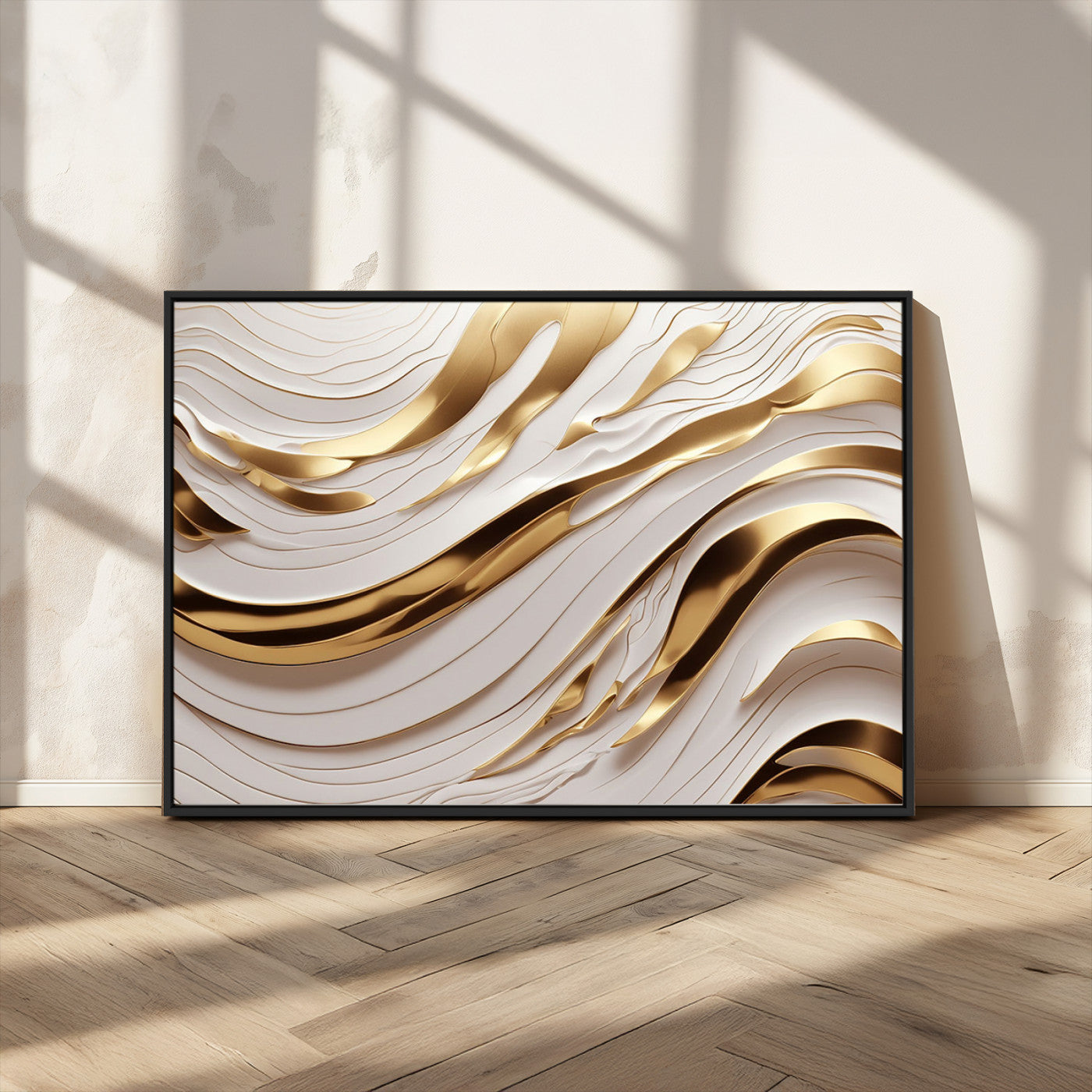 81197-MGV-FC-36X24_Black-Gold and White Abstract Wave Canvas – Elegant Flowing Design with Luxurious Golden Accents –