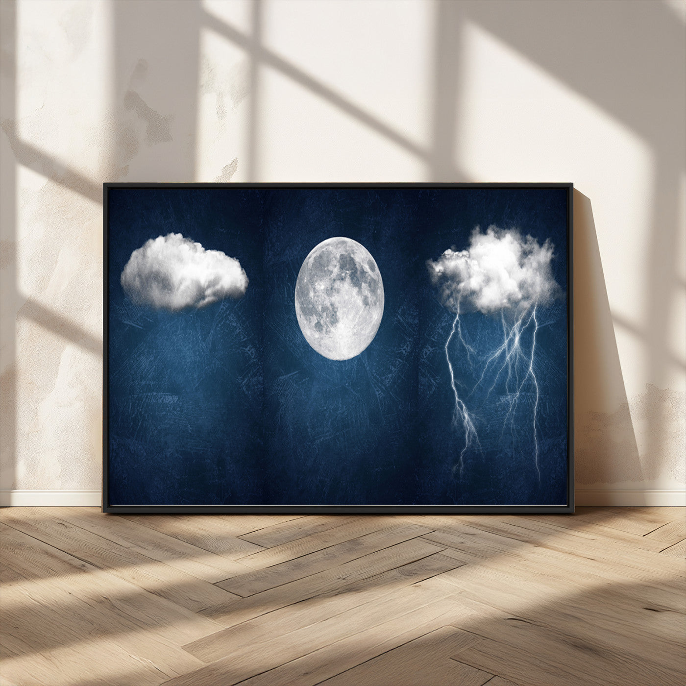 96569-MGV-FC-36X24_Black-Dark Blue Cloud Art, 3 Piece Indigo Blue Wall Art, Aesthetic Surreal Art, Thunderstorm Moon Cloud