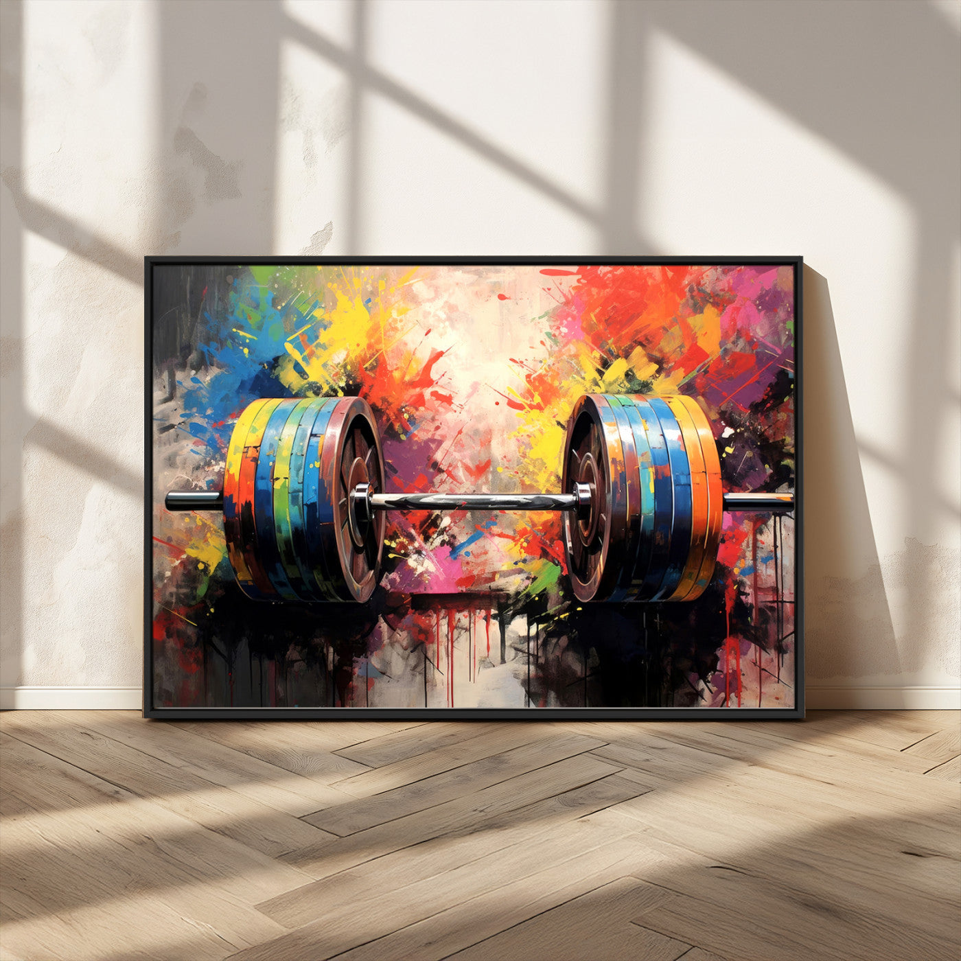 80436-MGV-CV-36X24-Weightlifting Barbell Art Triptych, Bold Abstract Fitness Wall Decor for Gym or Home, Giclee Canvas