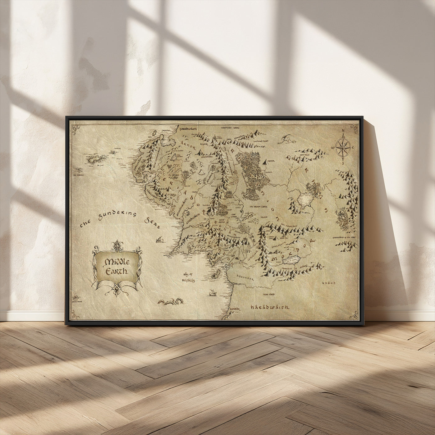21784-MGV-CV-36X24-Vintage Middle Earth Map Wall Art Canvas – Lord of the Rings Inspired Framed Map Print, Classic Fantasy Decor for Home, Office
