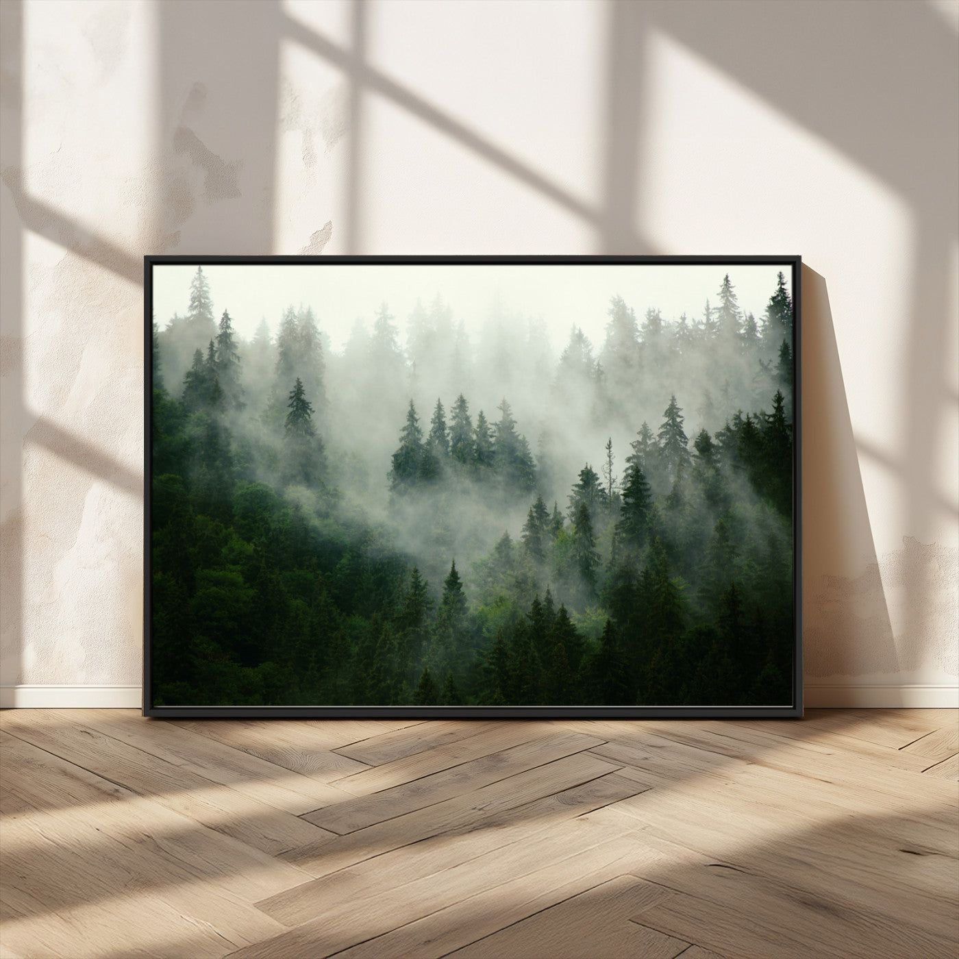167720496-MGV-CV-36X24-Misty Forest Wall Art – Tranquil Green Woodland Canvas Print, Nature Landscape Decor for Living Room, Bedroom or Office